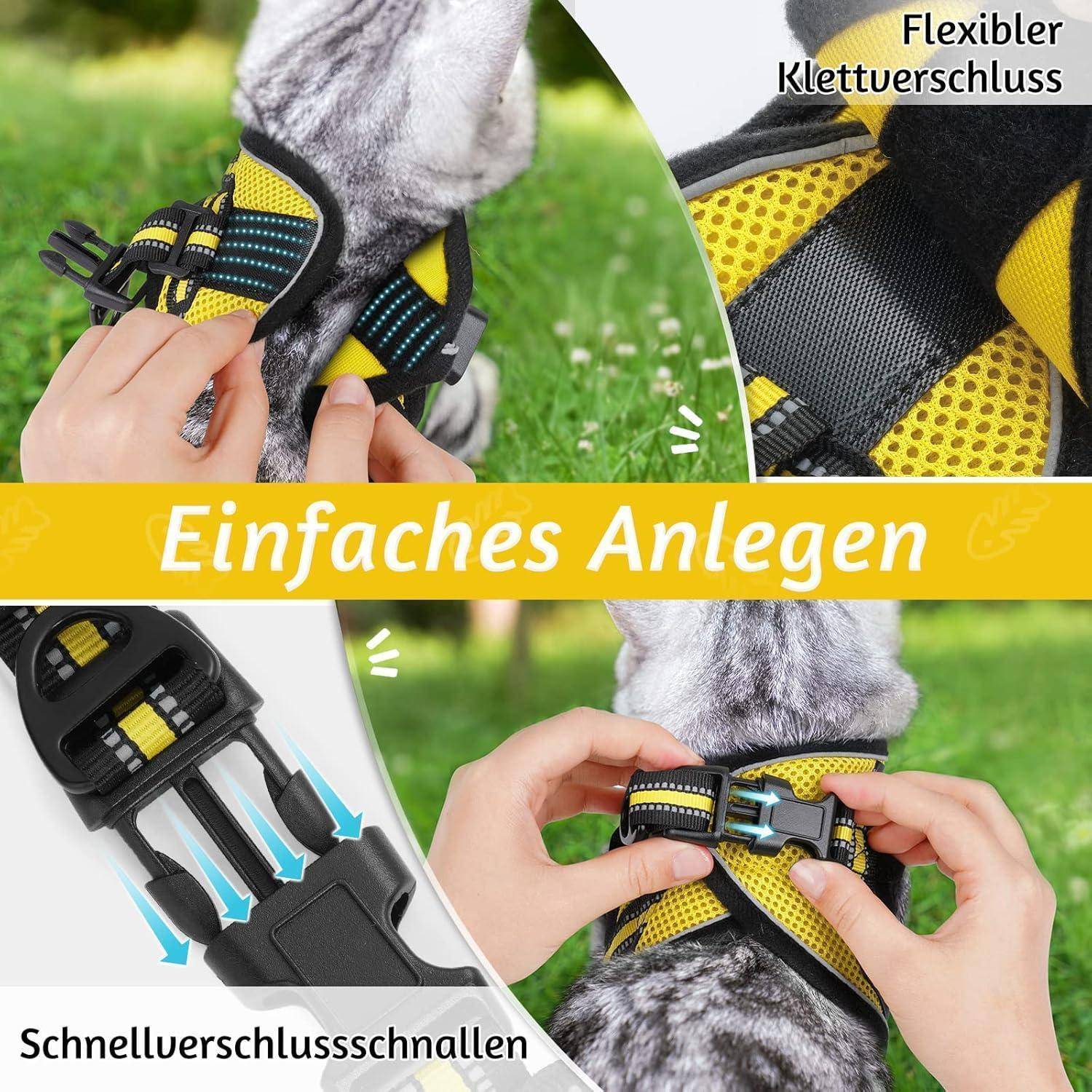 Werbegrafik, die ein Hundegeschirr mit schrittweise vergrößerten Schnallendarstellungen und Händen zeigt, die es befestigen; deutscher Text lautet „Einfaches Anlegen