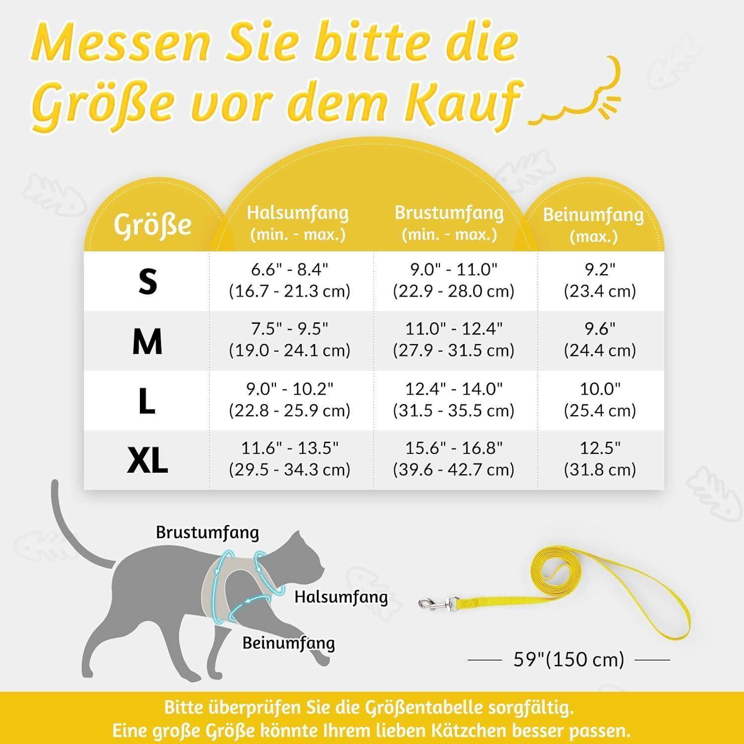 Deutsches Größendiagramm für Haustiere: Größen S-XL mit Hals-, Brust- und Beinumfangsmessungen, plus ein Hundiagramm mit Messstellen und Leinenlänge 59 Zoll (150 cm).