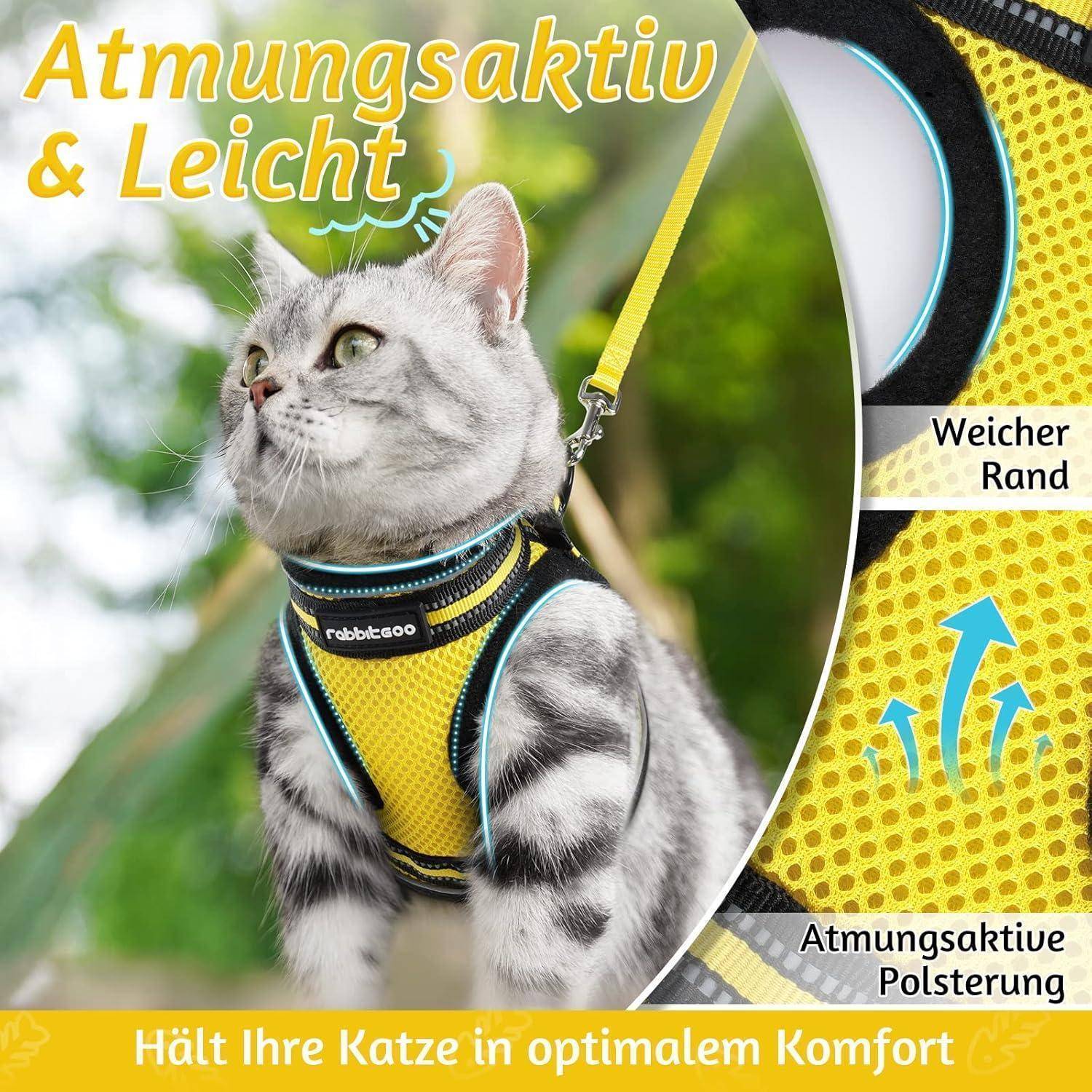 Werbeplakat für ein Katzenharness: grau-getigerte Katze im gelben Geschirr, mit Text 'Atmungsaktiv & Leicht', 'Weicher Rand' und 'Atmungsaktive Polsterung'.