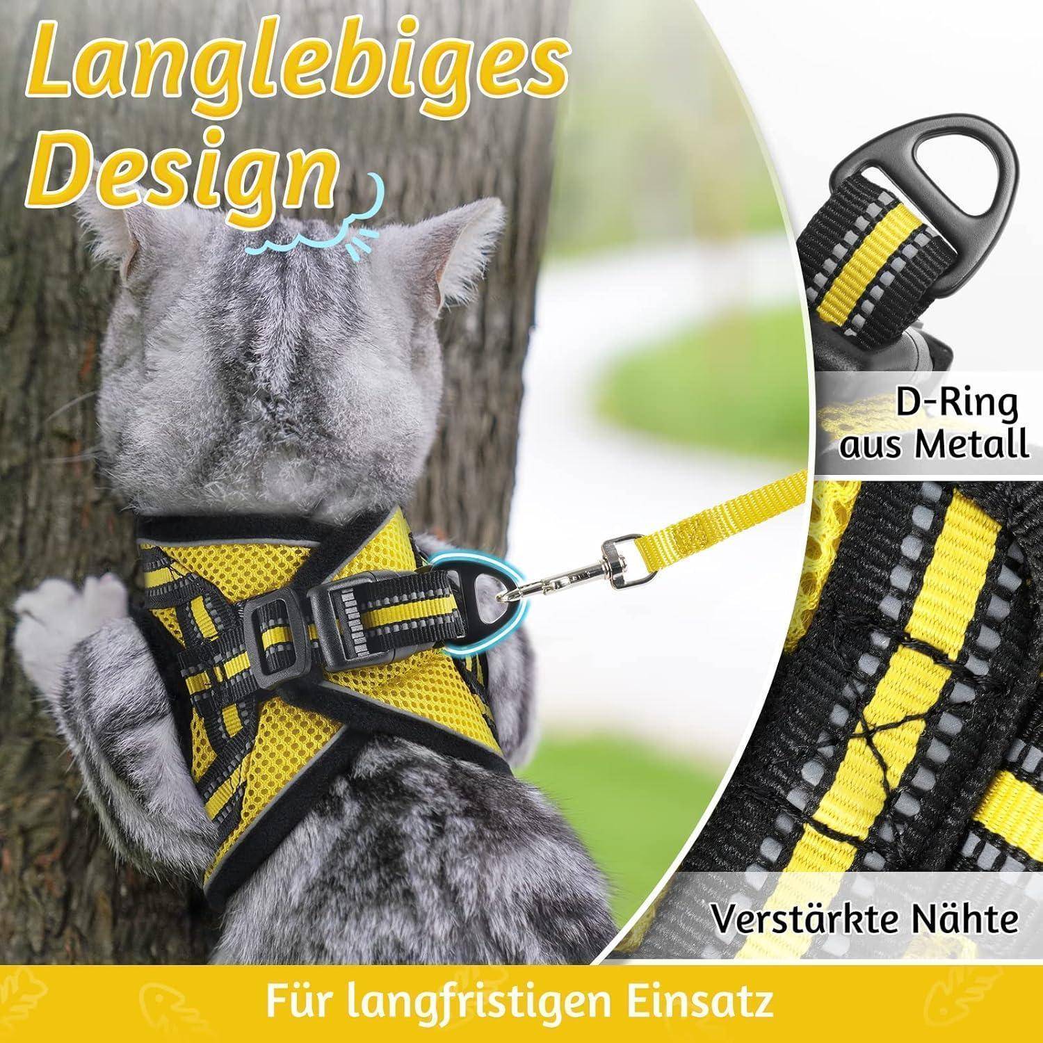 Graue Katze, die ein gelb-schwarzes Geschirr mit angebrachter Leine trägt; Werbebild zeigt langlebiges Design, Metall-D-Ring und verstärkte Nähte.