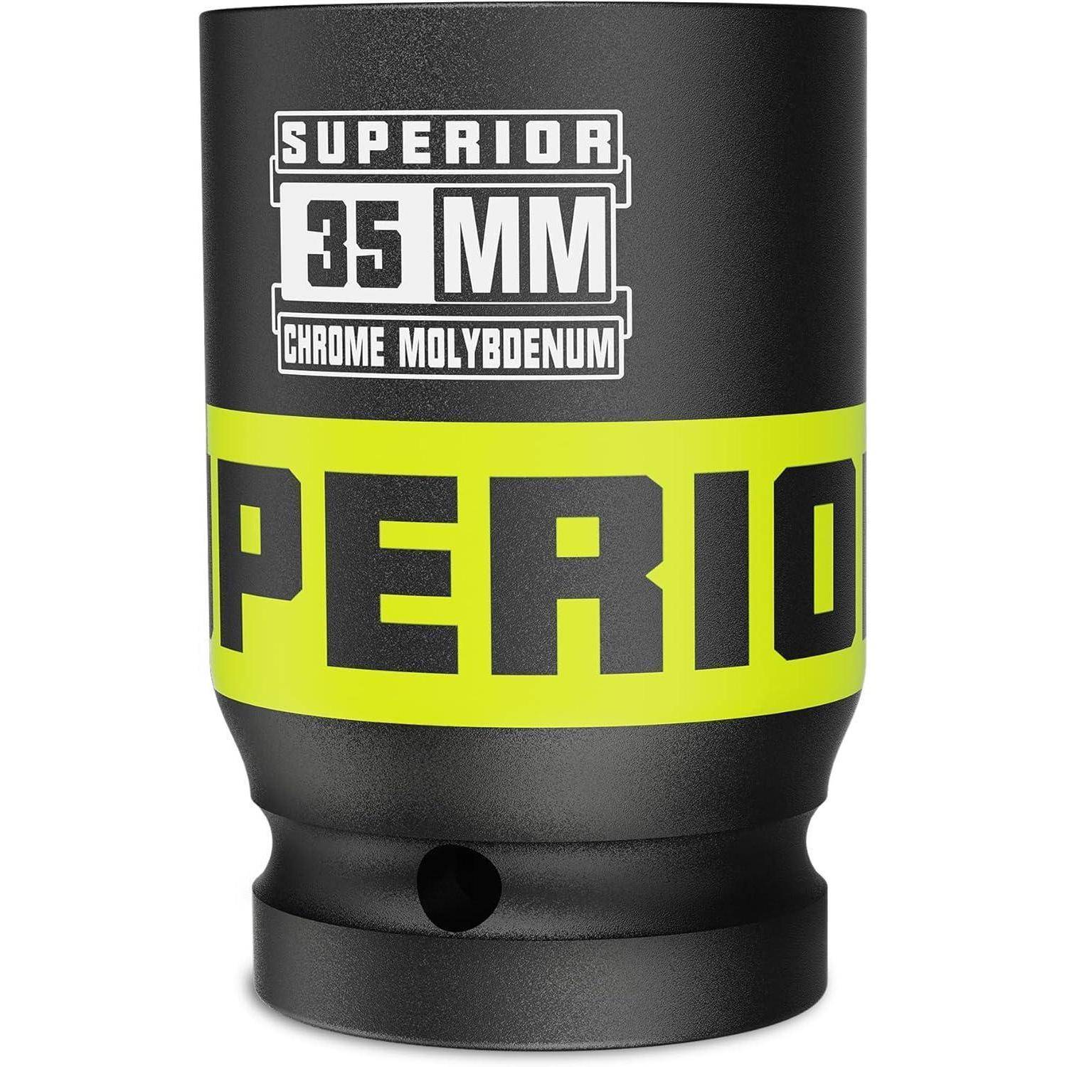 Schwarzer zylindrischer 35-mm-Steckadapter mit neongelber Bande und der Aufschrift „SUPERIOR 35 MM CHROME MOLYBDENUM
