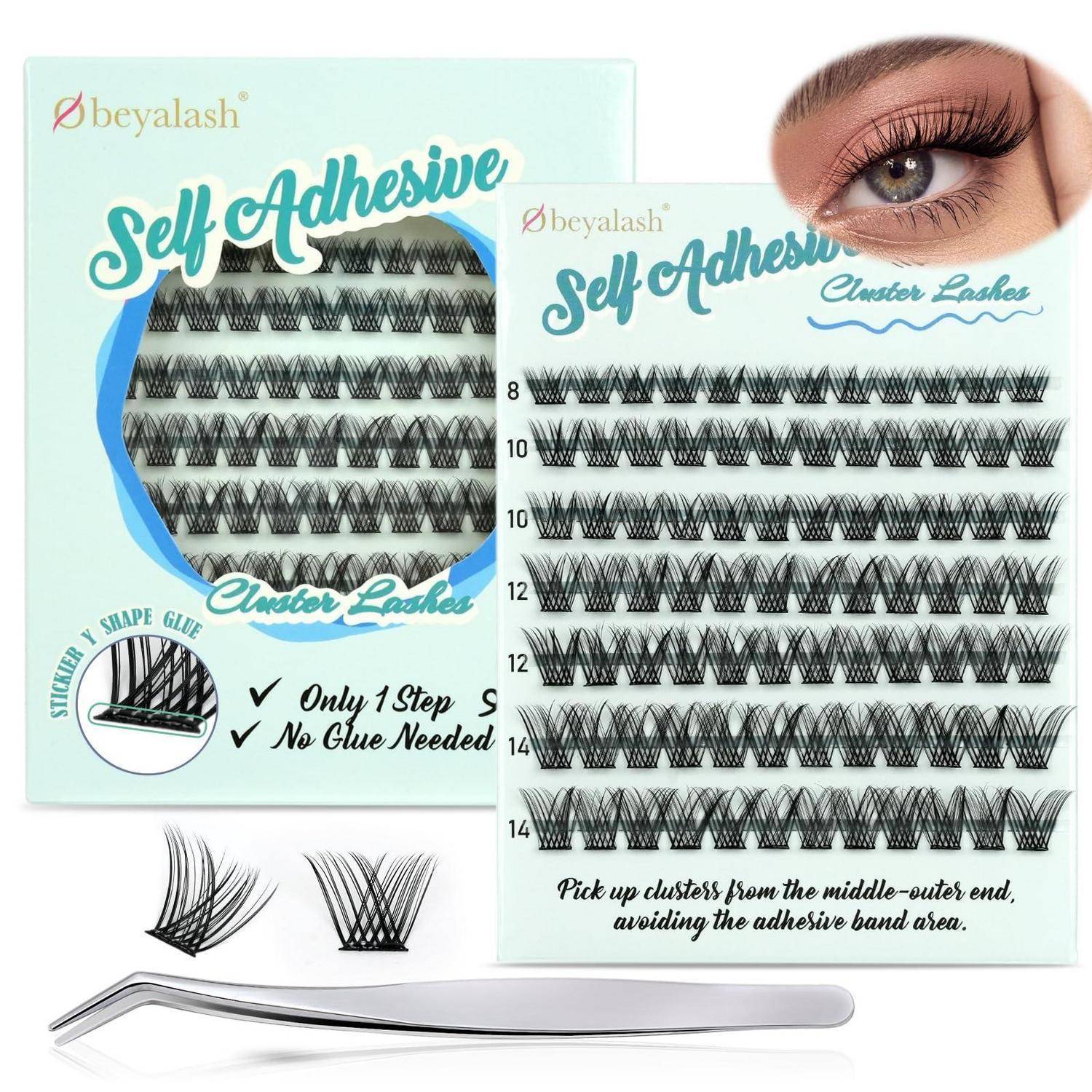 Beiyalash selbstklebendes Cluster-Wimpernset mit Wimpernablegen, Pinzetten und eine Nahaufnahme des Auges, die angebrachte Wimpern zeigt; die Schachtel sagt „Nur 1 Schritt – kein Kleber erforderlich