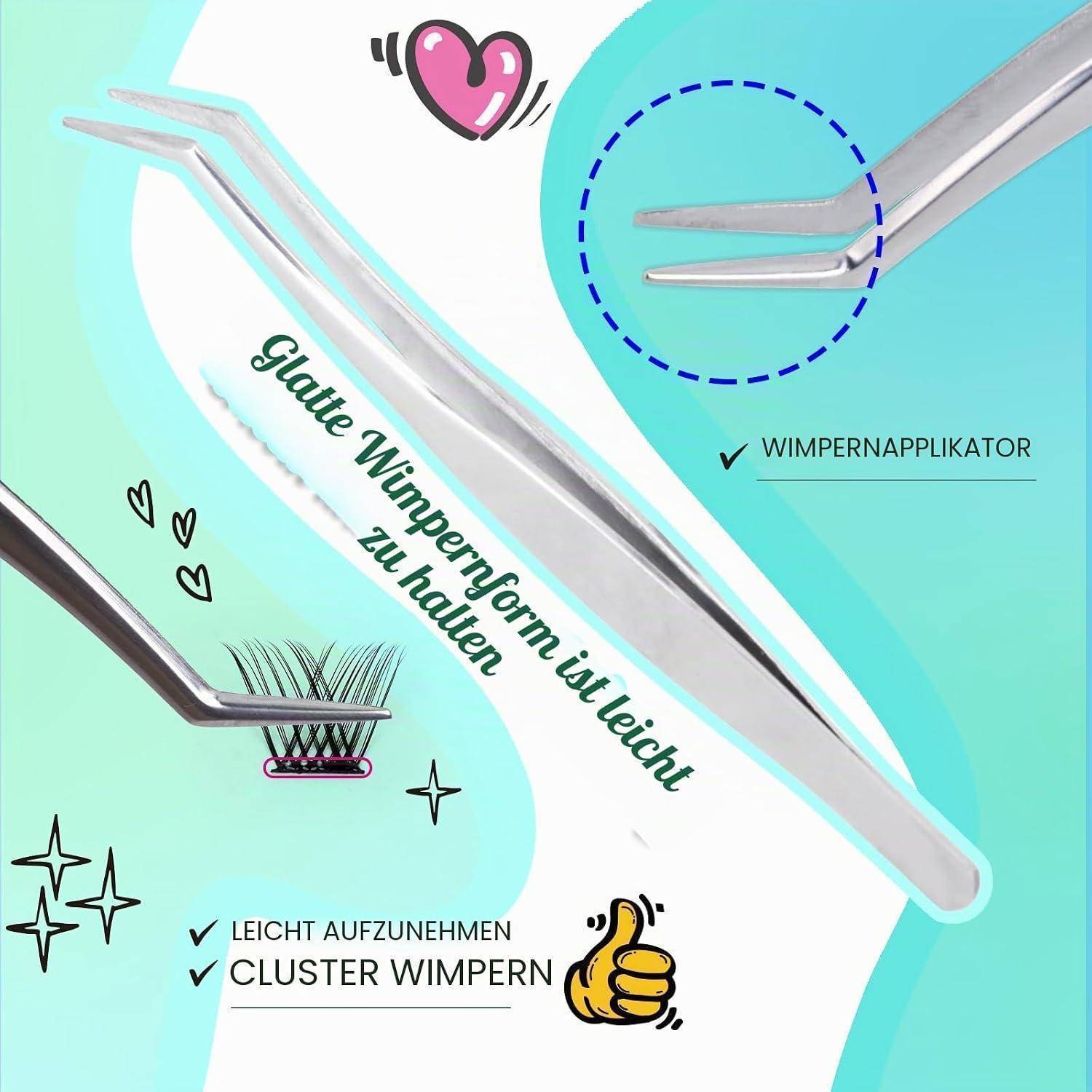 Bewerbungsgrafik mit angewinkelter Pinzette, die künstliche Wimpern hält, mit deutschem Text „Glatte Wimpernform ist leicht zu halten
