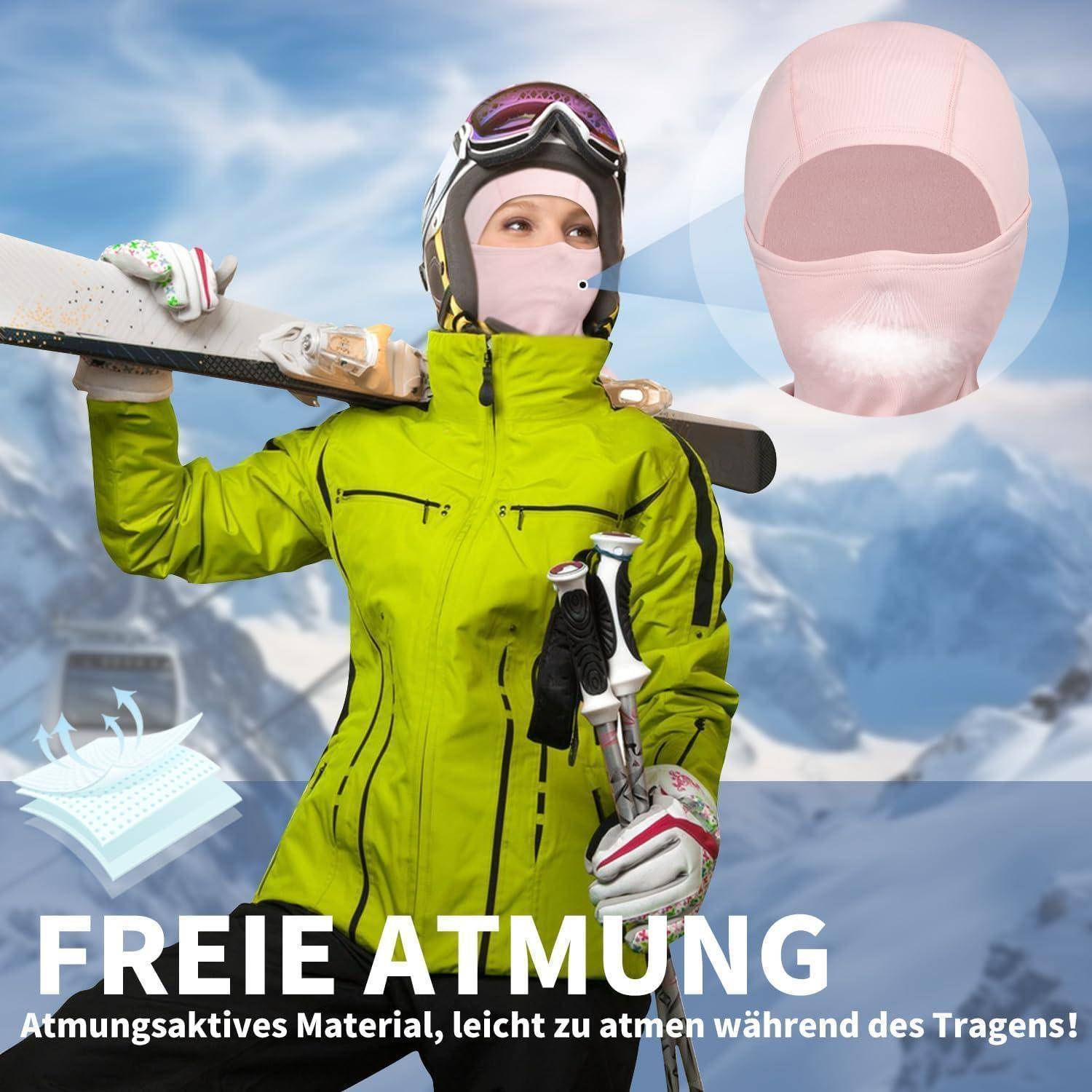Werbebild eines Skifahrers in leuchtend grüner Ausrüstung mit Gesichtsschutz neben einer Maskenausschnitten; deutscher Text sagt „FREIE ATMUNG