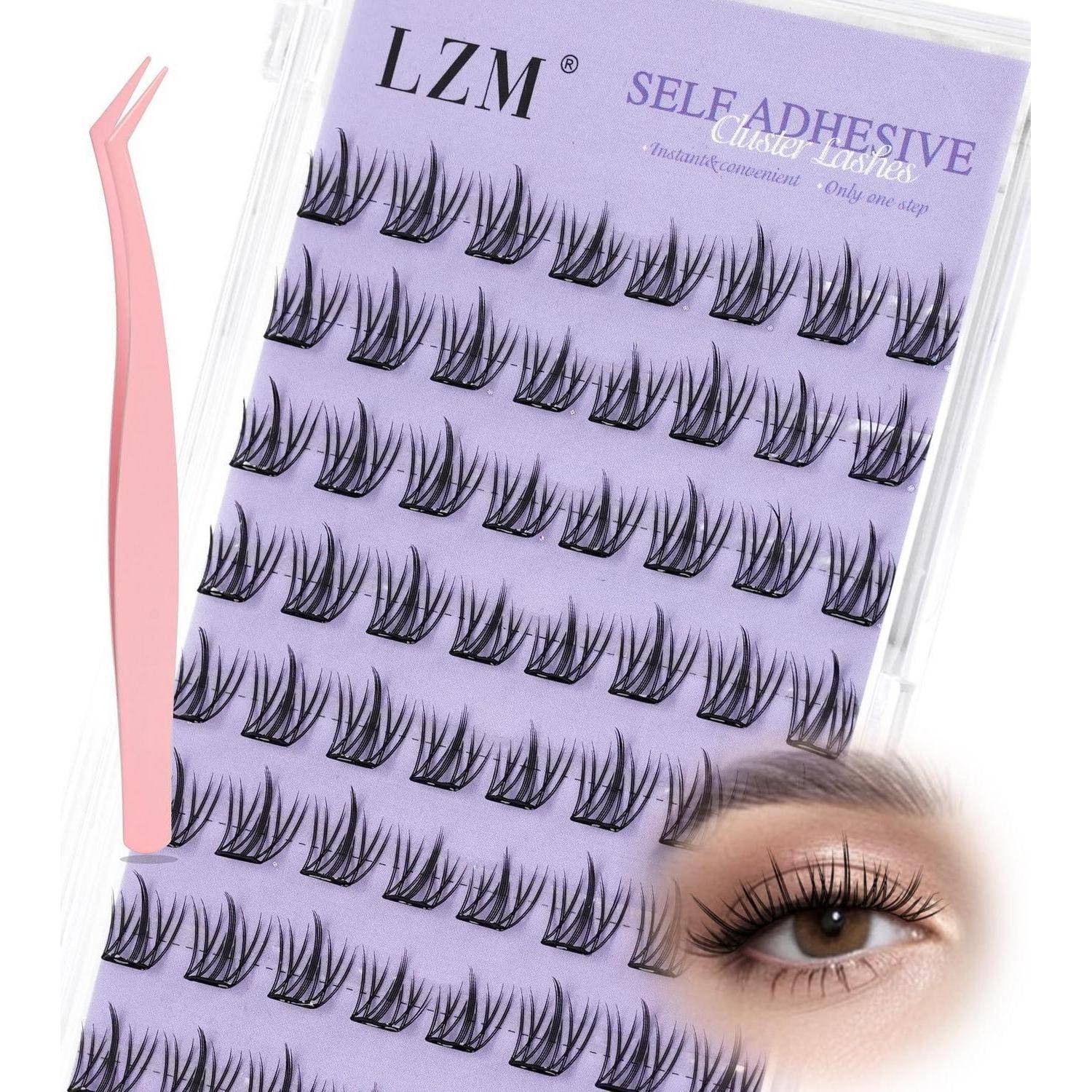 Paket mit selbstklebenden Wimpernbüscheln von LZM mit rosa Pinzette und einem Auge, das den Wimpernstil in Gebrauch zeigt.