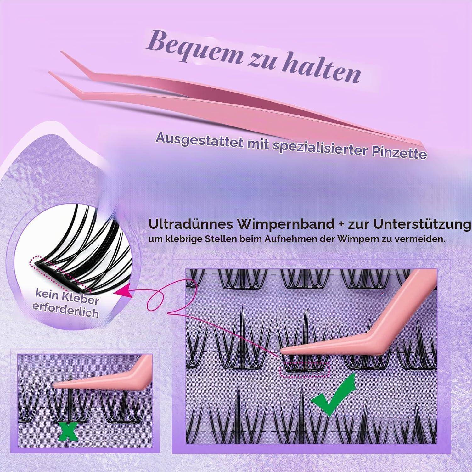 Deutsches Wimpernverlängerungs-Paket-Grafik mit Pinzetten und einem ultrafeinen Wimpernband; Der Text besagt „Bequem zu halten