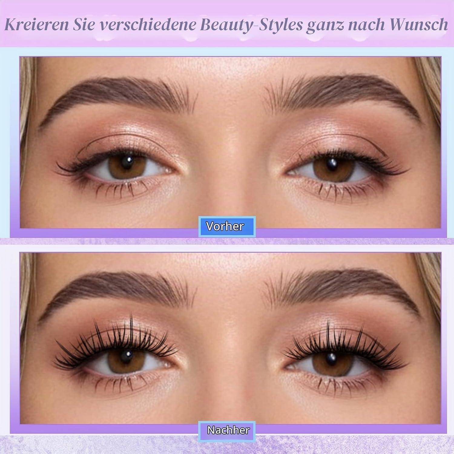 Vorher-und-Nachher-Nahaufnahme der Augen, die einen Schönheitsstil-Wechsel zeigt; oben ist „Vorher