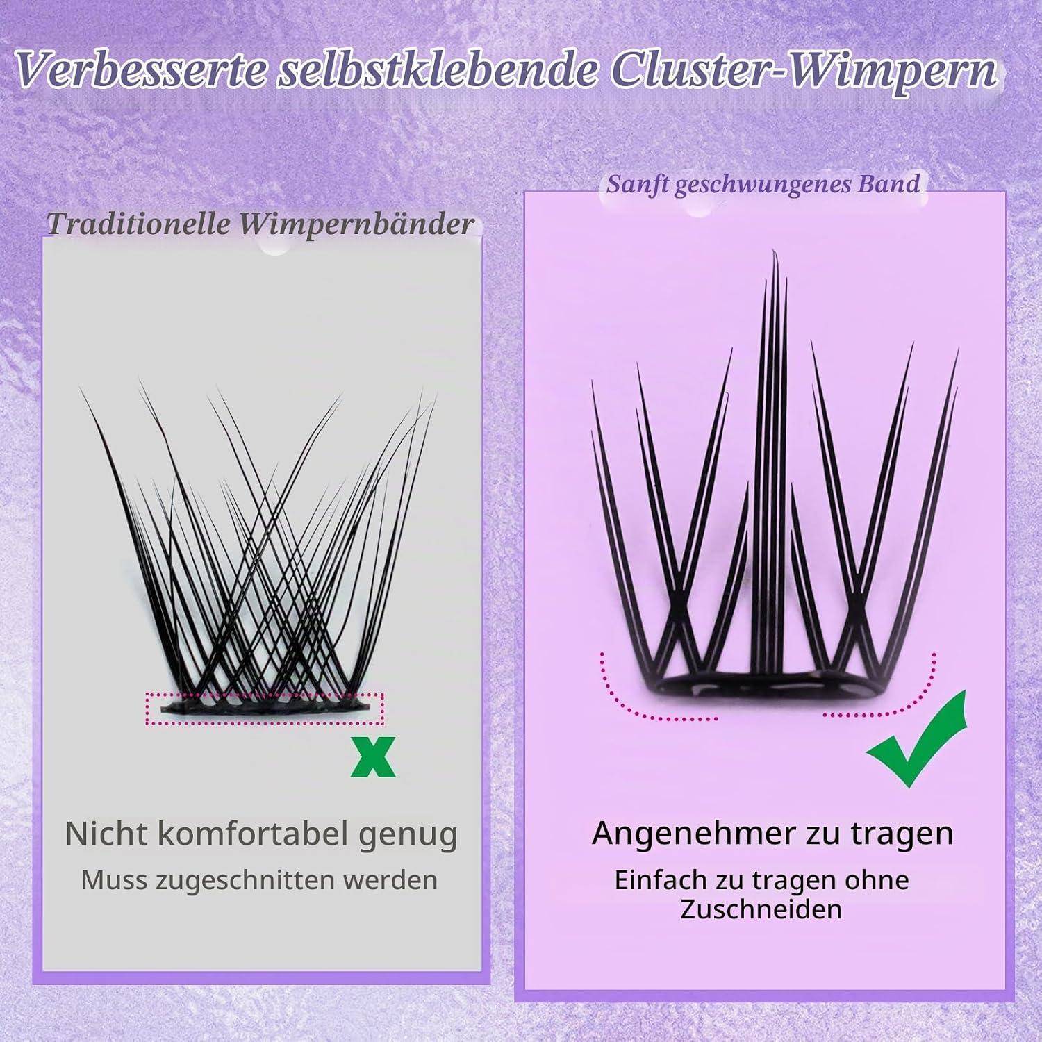 Vergleichsgrafik von Wimpernstreifen: Traditionelle Bänder sind unbequem und müssen gekürzt werden, während das verbesserte gebogene Band komfortabler ist und ohne Schneiden passt.