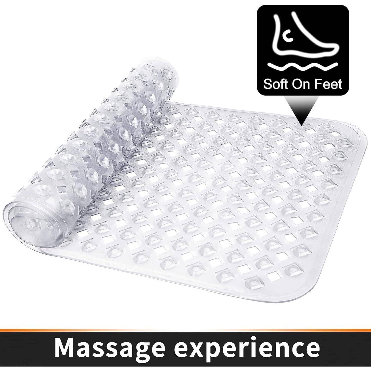 Durchsichtiger strukturierter Badvorleger mit umgerollter Ecke und Symbol „Soft On Feet