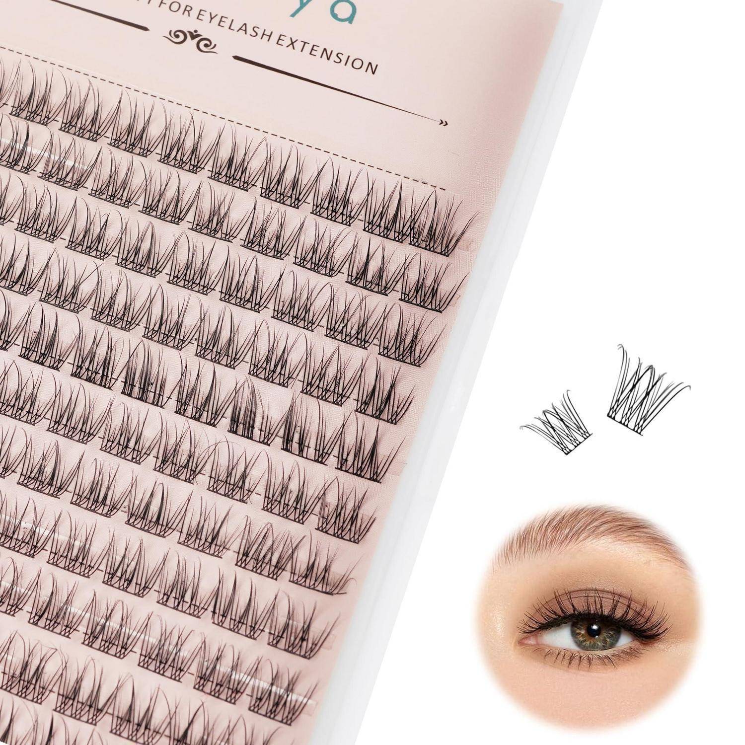 Wimpernverlängerungstablett mit Reihen von künstlichen Wimpern und ein Beispiel für ein einzelnes Auge mit vollständigem Wimpernverlängerungs-Look.
