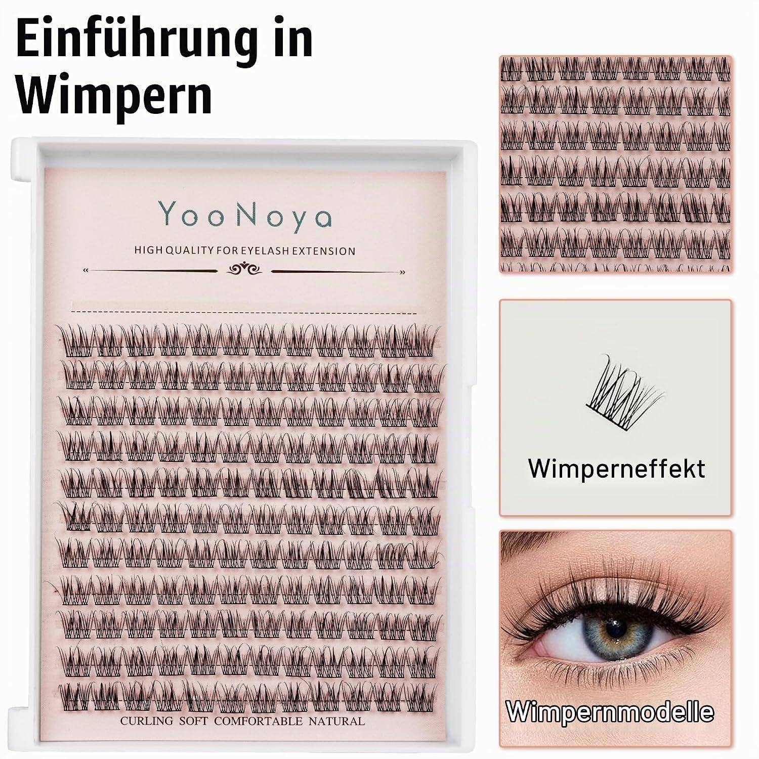 Infografik zeigt YooNoya Wimpernverlängerungswimpern, eine vergrößerte Wimpernansicht mit der Bezeichnung „Wimperneffekt
