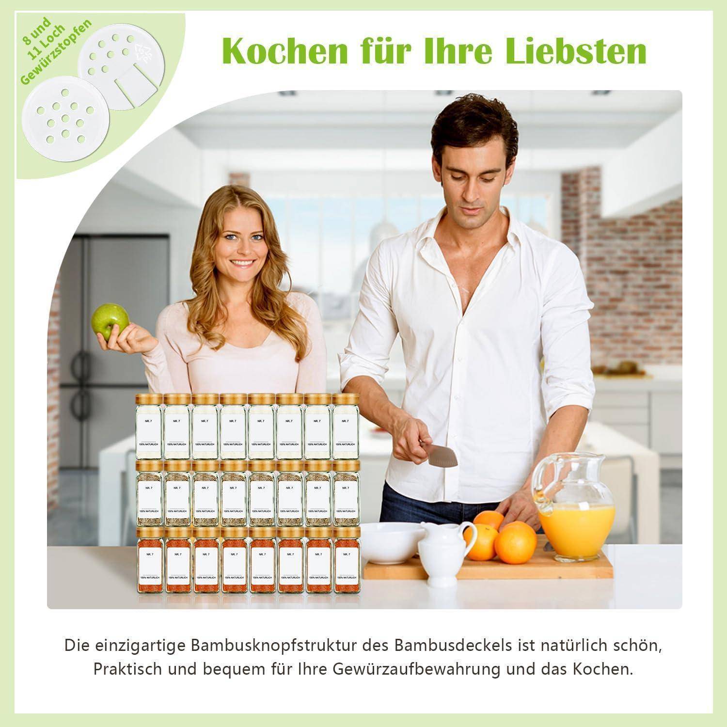 SAEIV Umweltfreundlicher Bamboo-Deckel Gewürzgläser Eckig -Set | 12Gewürzdosen Mit Gewürzetiketten | Perfekte Organisation Küche Gewürz Organize