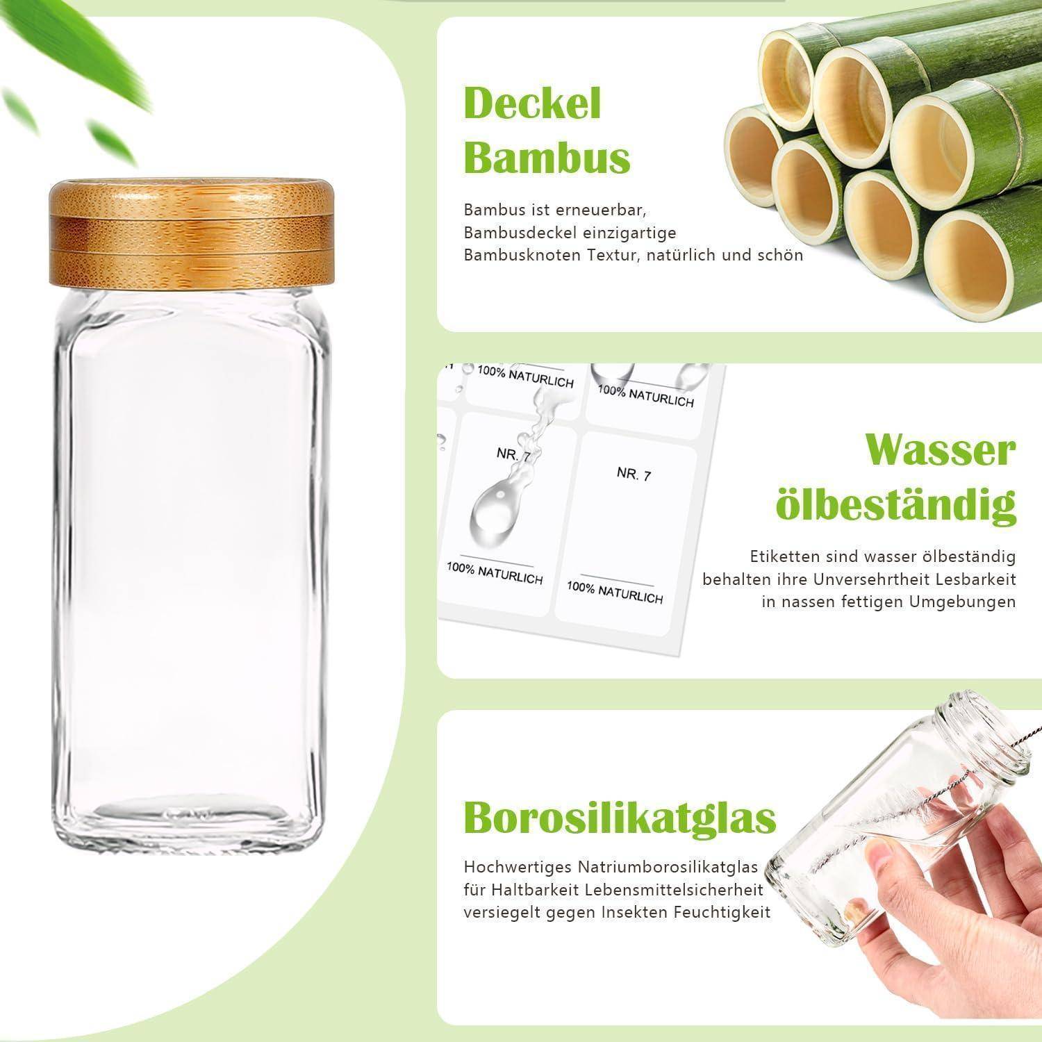Produktbild eines transparenten Glasspeicherbehälters mit Bambusdeckel, das Bambusdesign, wasserfeste Etiketten und Borosilikatglasmerkmale zeigt.