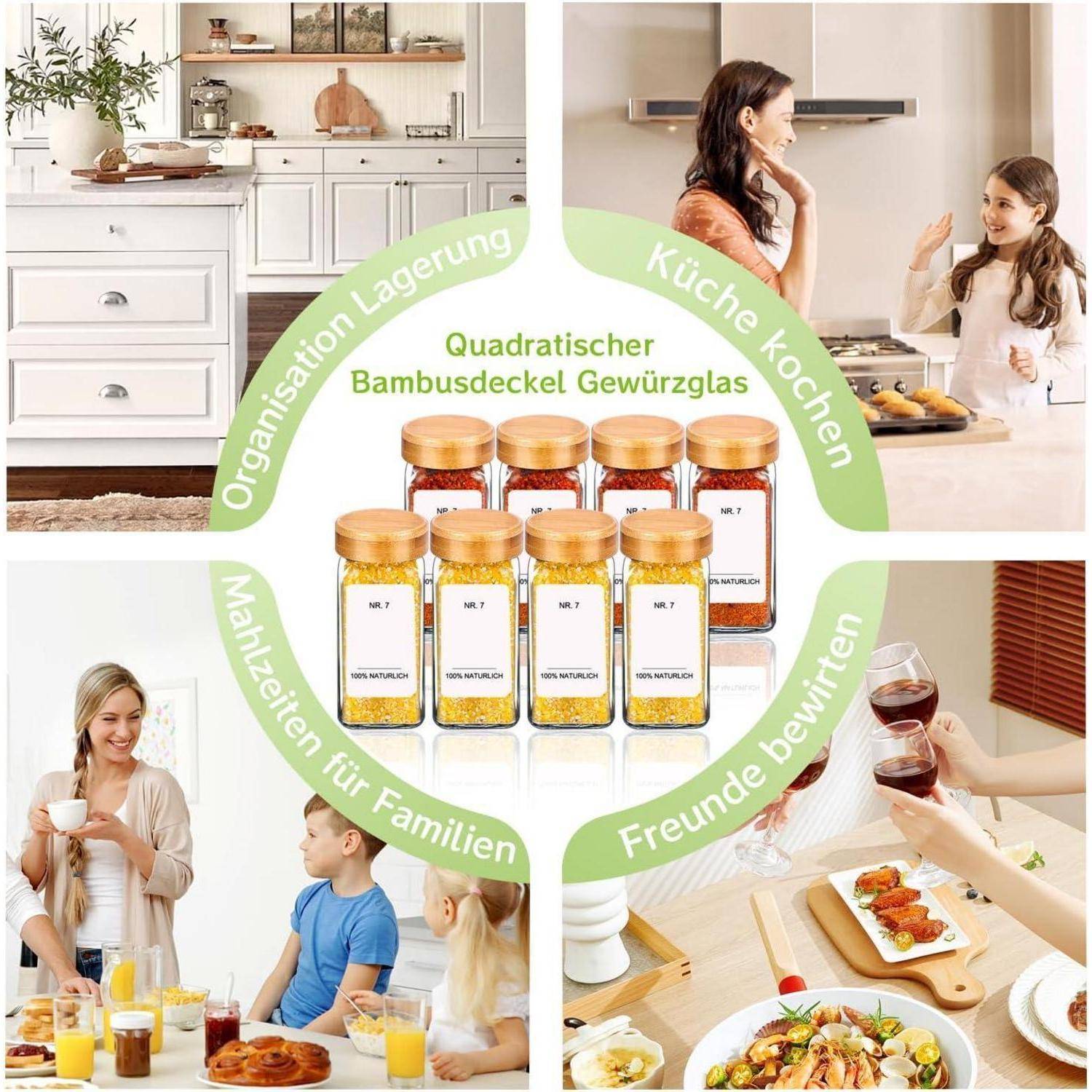 Collage-Werbung für quadratische Bambus-Gewürzbehälter mit Holzdeckeln, zeigt Küchenorganisation, Kochen, Familienmahlzeiten und Getränke mit Freunden.
