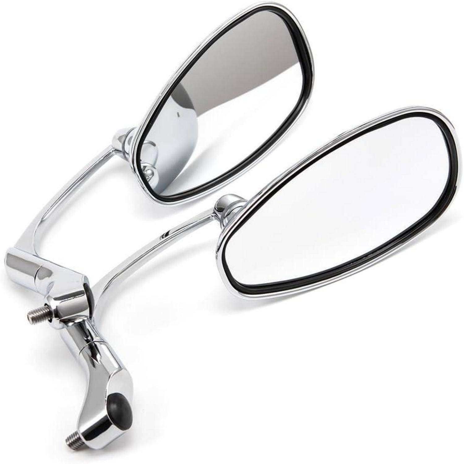 Chrome-Motorrad-Seitenspiegel mit ovalem reflektierendem Glas und Befestigungsklemmen auf weißem Hintergrund.