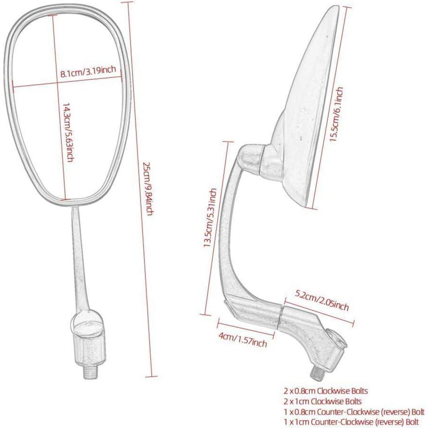 Diagramm eines Motorradspiegels mit Maßangaben: 25 cm Höhe, 8,1 cm Breite, 15,5 cm Spiegelhöhe, 13,5 cm Schafthöhe und aufgeführten Schraubengrößen.