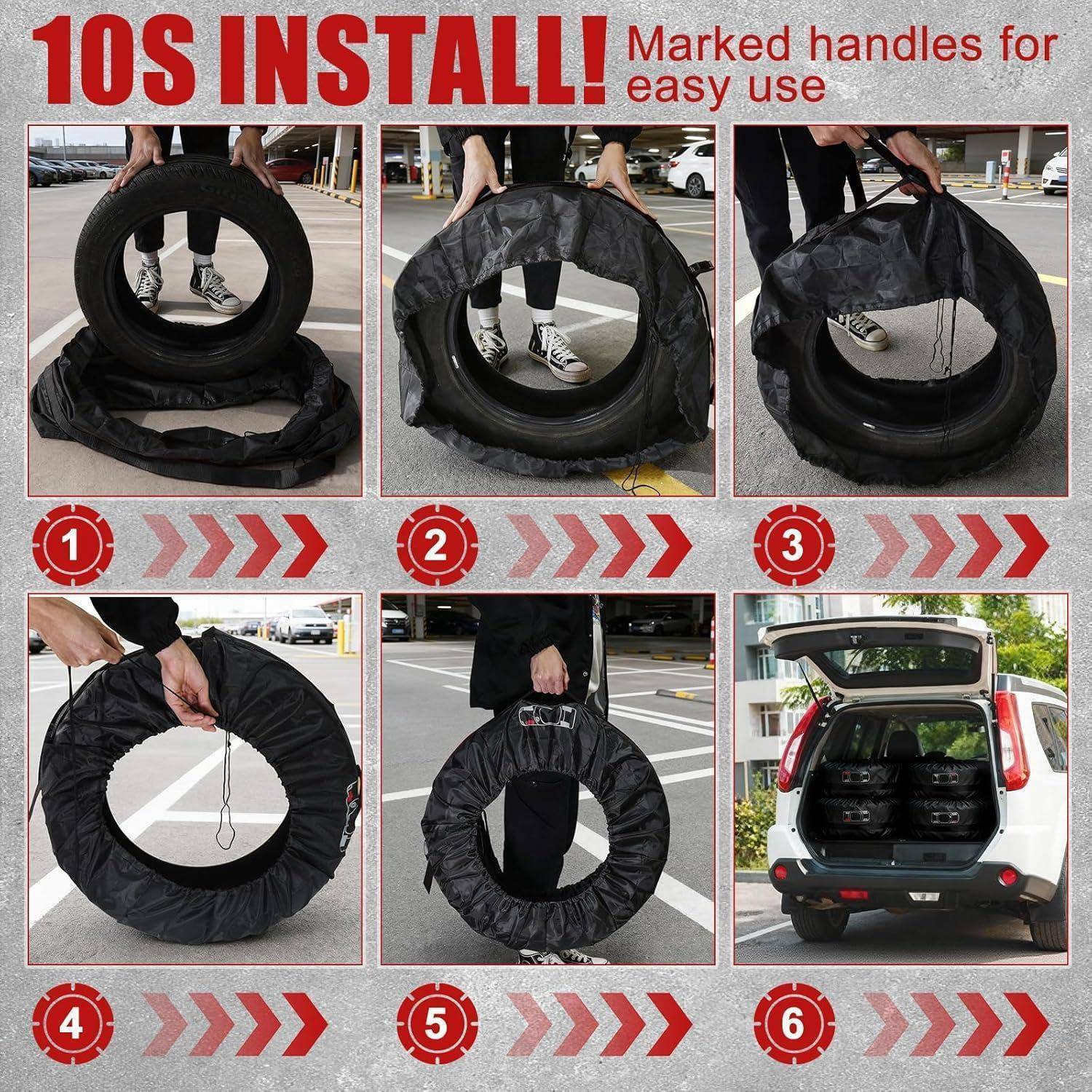 Anleitungsgrafik zeigt eine Reifentasche mit „10S INSTALL!" und „Gekennzeichnete Griffe für einfache Handhabung"" und illustriert sechs Schritte zum Anpassen, Anheben, Tragen und Laden eines Reifens in einen Autokofferraum.