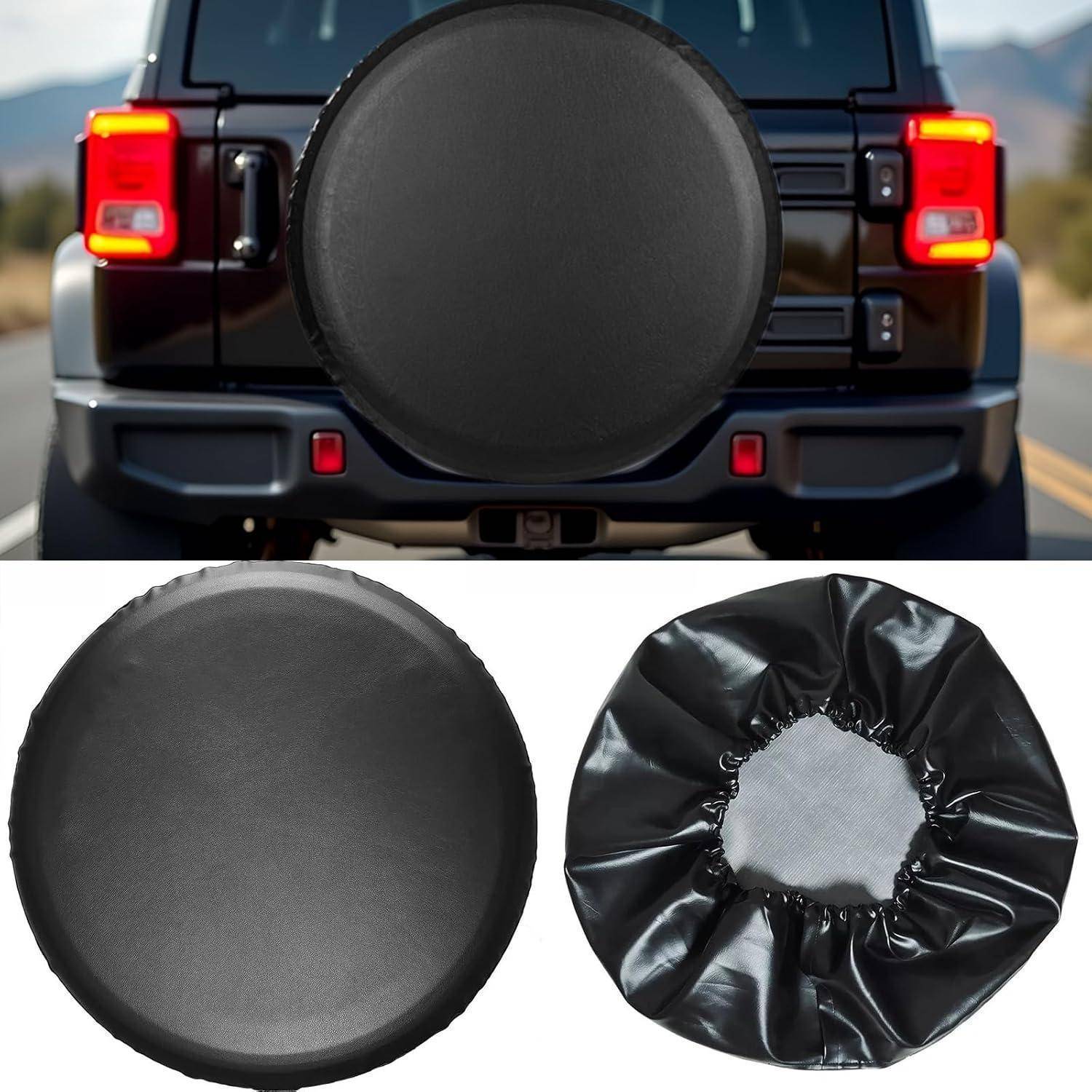 Runde schwarze Ersatzreifenabdeckung auf der Rückseite eines SUV gezeigt, mit Vorder- und Rückansichten der Abdeckung unten.