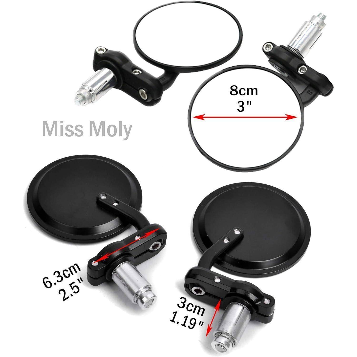 Produktbild von runden schwarzen Motorradspiegeln mit Chrombefestigungen, das die Größen 8 cm (3