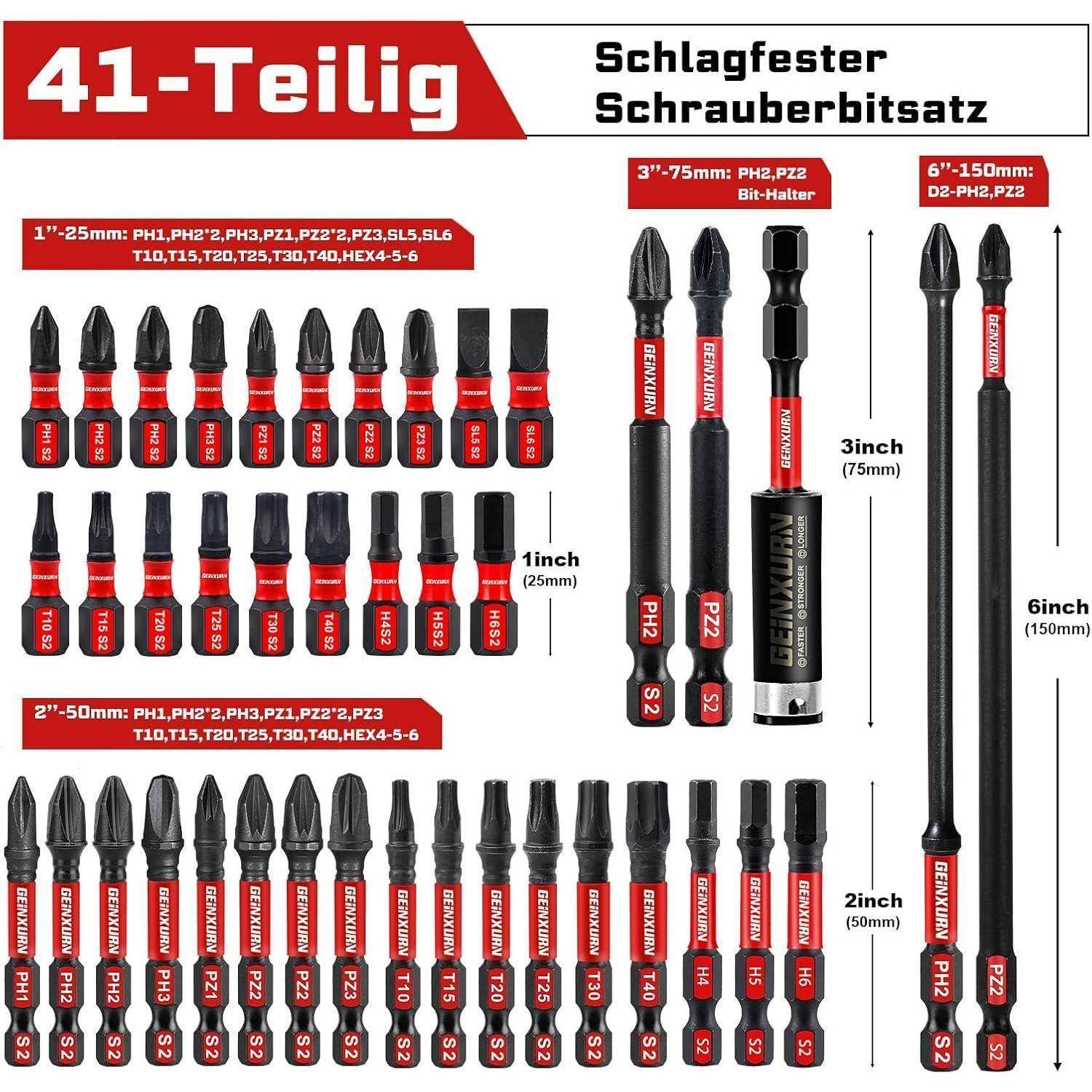 41-teiliges Schraubendreher-Bit-Set Infografik mit Übersicht der enthaltenen Bit-Typen und Längen: 1, 2, 3 und 6 Zoll Bits mit PH, PZ, TX, SL, Hex und Bit-Halter.