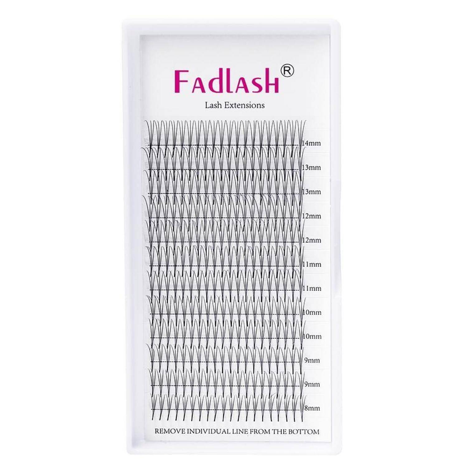 Fadlash-Wimpernverlängerungs-Tablett mit mehreren Reihen von Wimpernstreifen, gekennzeichnet von 8 mm bis 14 mm, mit Anweisung zum Entfernen einzelner Linien von unten.