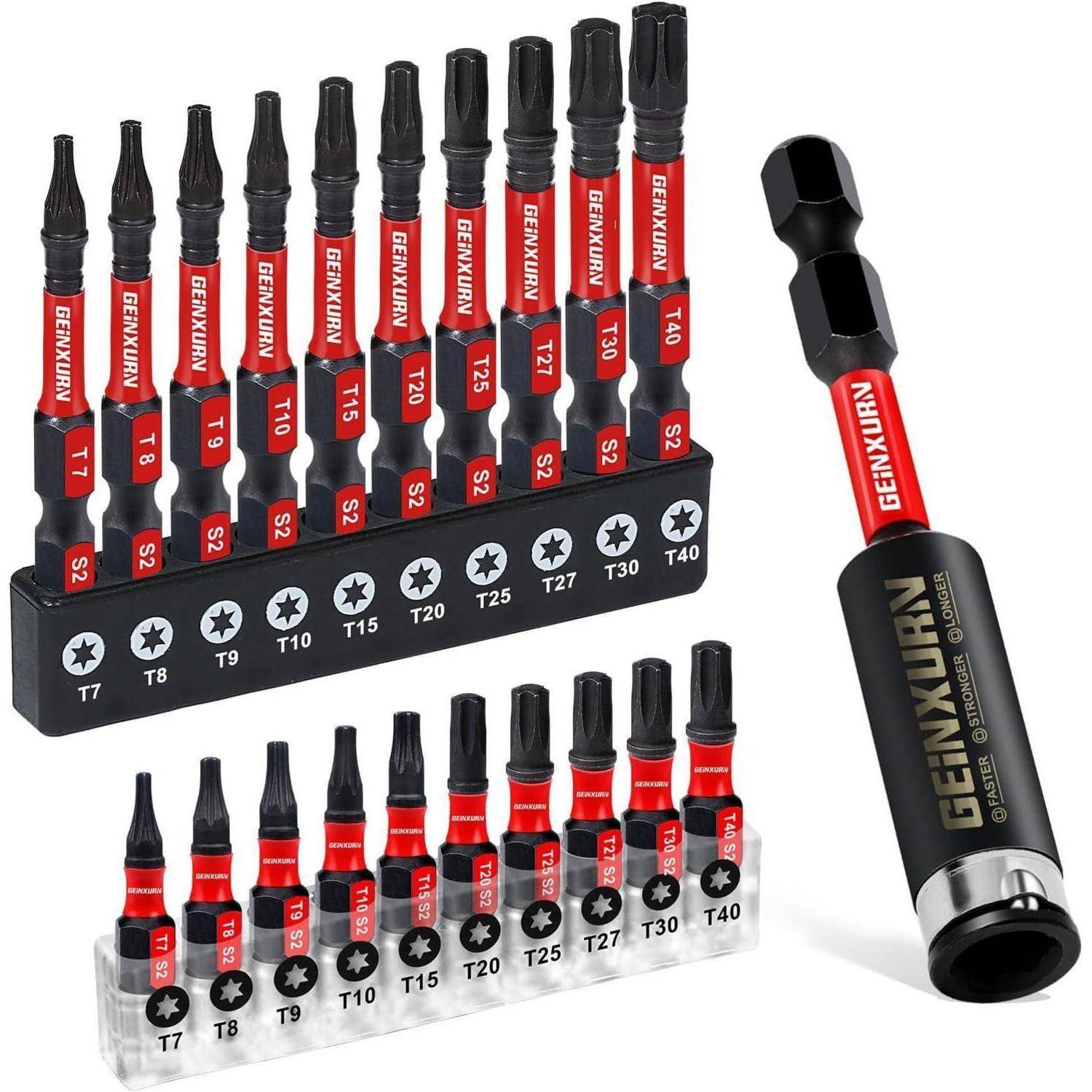 Torx-Bitset in einem Halter mit Größen T7 bis T40, plus ein Adapter auf der rechten Seite, gezeigt in schwarzen und roten Koffern.