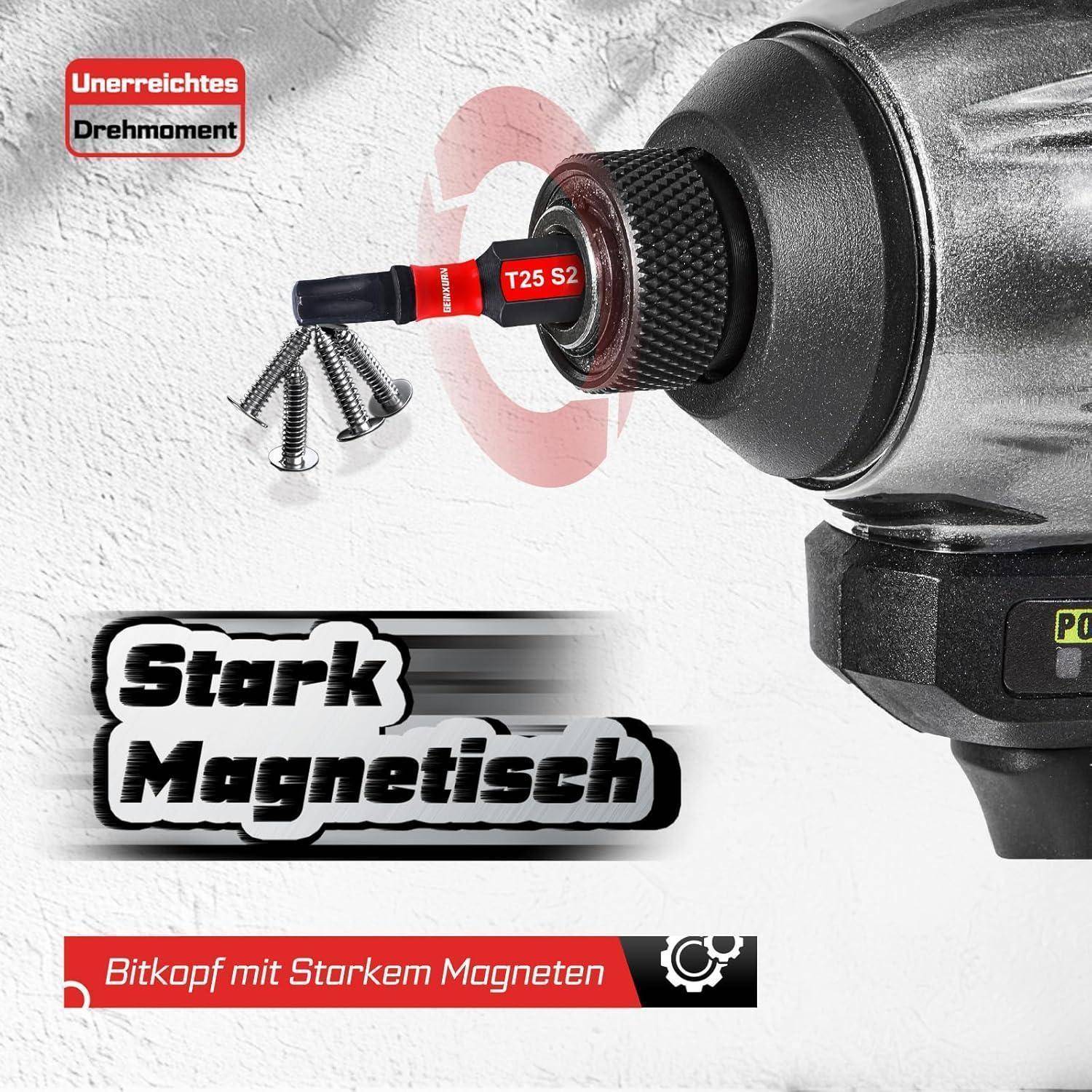 Nahaufnahme einer Elektrobohrmaschine mit einem Magnetbit, das Schrauben hält, mit den Beschriftungen „Unrechtes Drehmoment