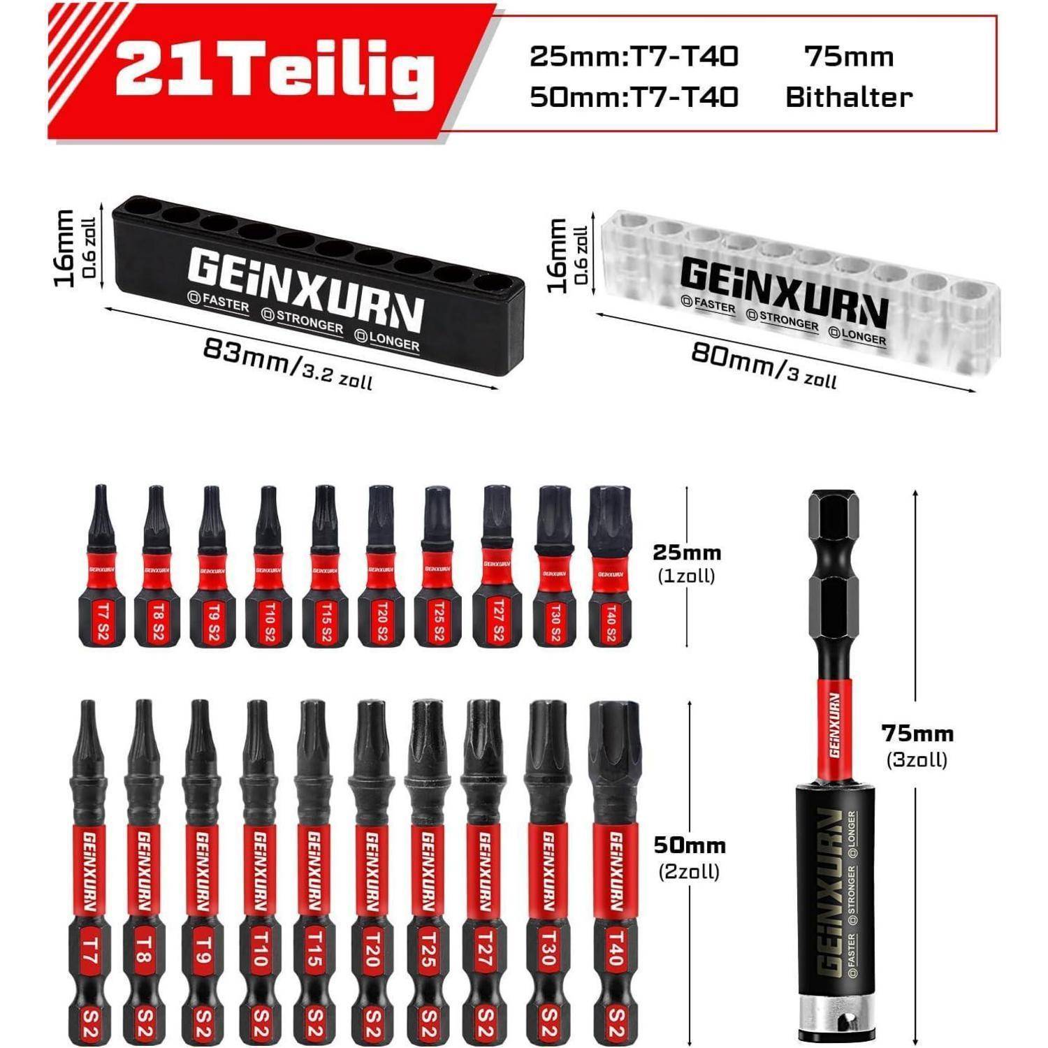 Produktset-Illustration von 21 GEINXURY Schrauberbits in einem Aufbewahrungsbehälter, mit 25 mm und 50 mm Bit-Größen und einem 75 mm Bit-Halter.