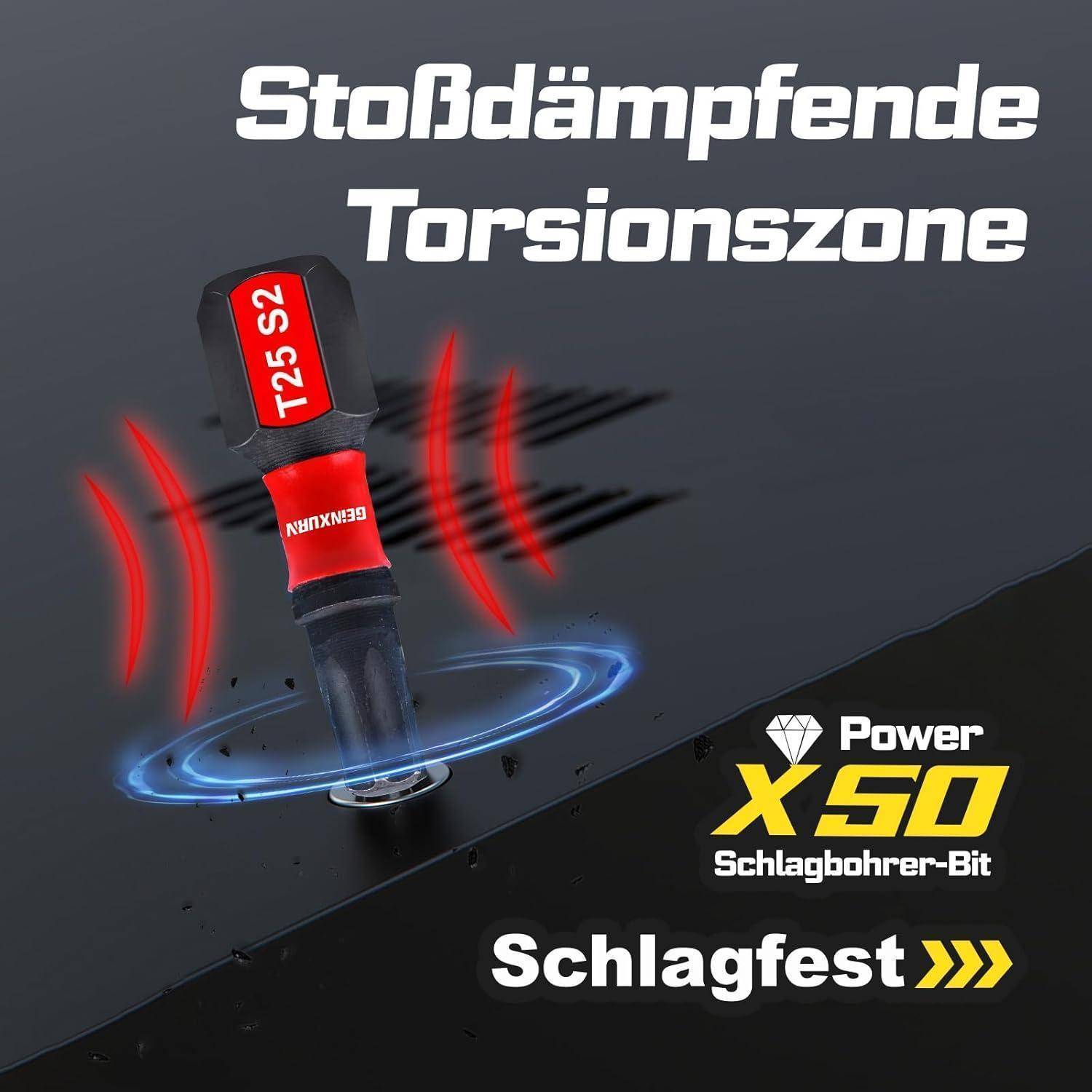 Power X50 Schlagbohrer mit 'Stossdämpfender Torsionszone' und 'Schlagfest' Text, gezeigt mit roten und blauen Bewegungseffekten auf dunkelm Hintergrund.