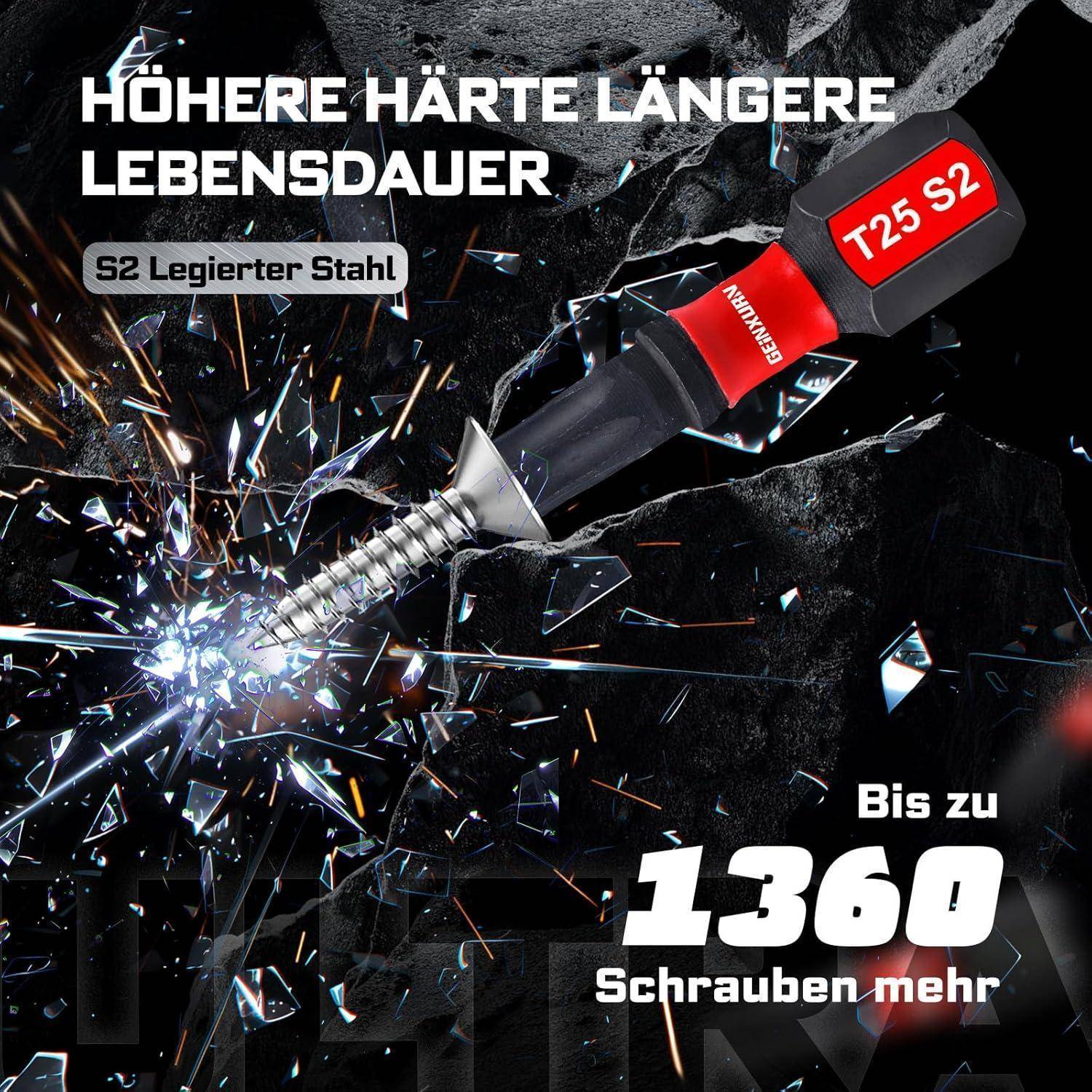Angebot für einen Bohr-/Antriebsbit mit Bezeichnung T25 S2, das eine Schraube zeigt, die durch zerbrochenes Metall fährt, um „höhere Härte, längere Lebensdauer