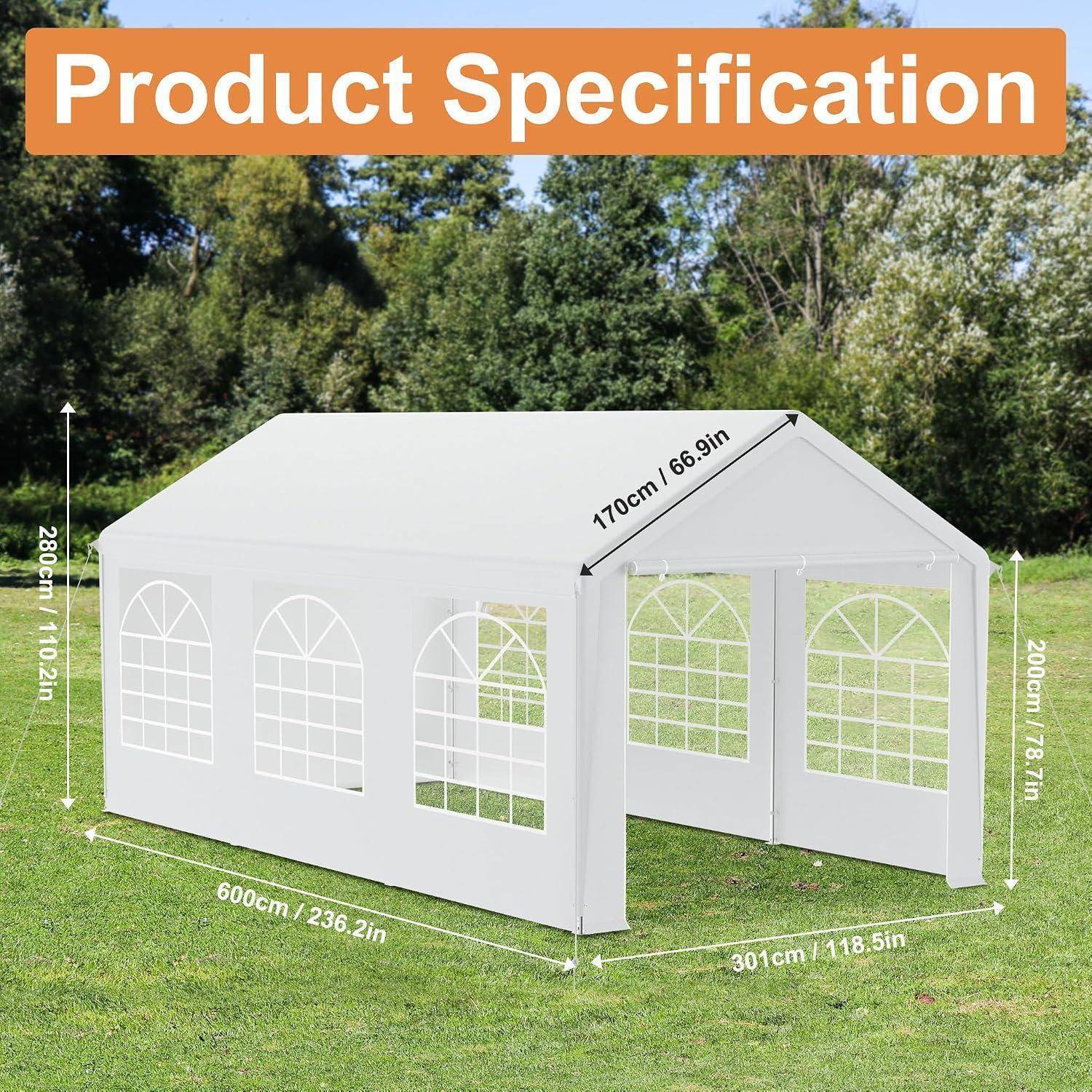Produktspezifikationsbild eines weißen Outdoor-Pavillon-Zelts mit gewölbten Fenstern, das die Abmessungen 600 cm × 300 cm × 280 cm und eine Dachhöhe von 200 cm zeigt.