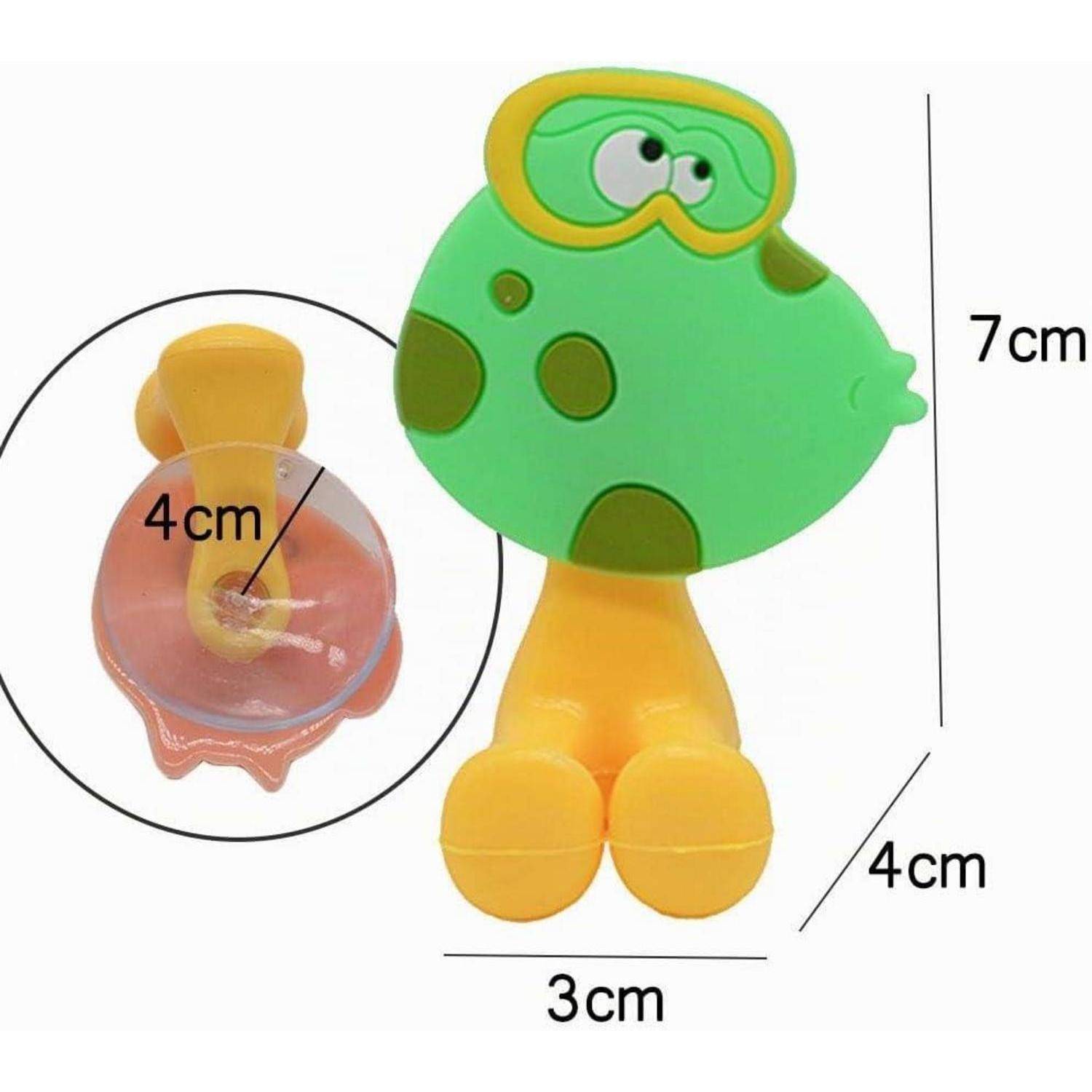 Abbildung einer grün-und-gelben Spielzeugfigur mit Größenbezeichnungen: 7 cm groß, 3 cm breit und 4 cm Basis-/Merkmalsmessung in einem Kreis.
