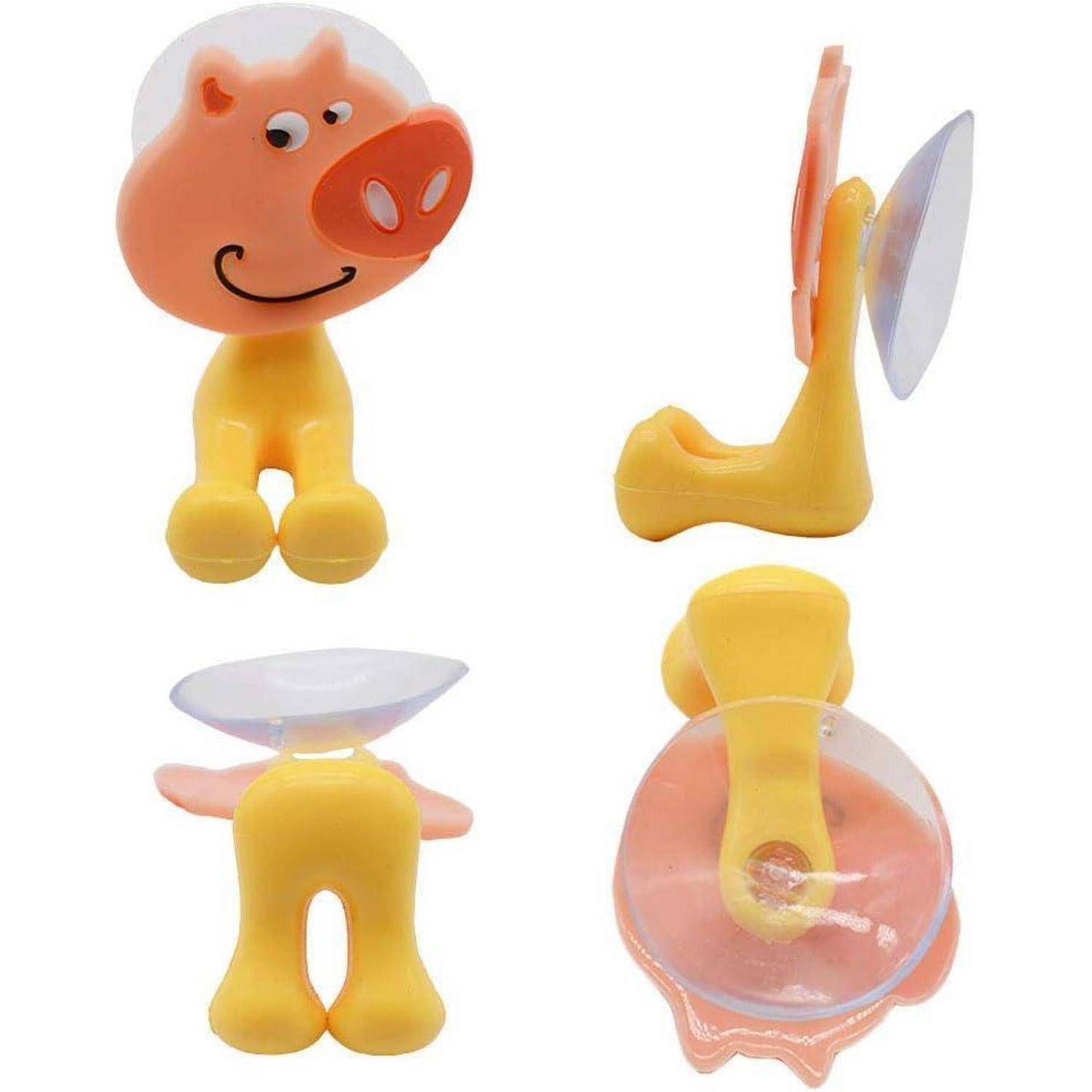 Vier-Ansicht-Produktbild eines cartoon-förmigen Saugnapf-Spielzeugs in Schweineform, das Vorder-, Seiten-, Rück- und Unteransichten auf weißem Hintergrund zeigt.