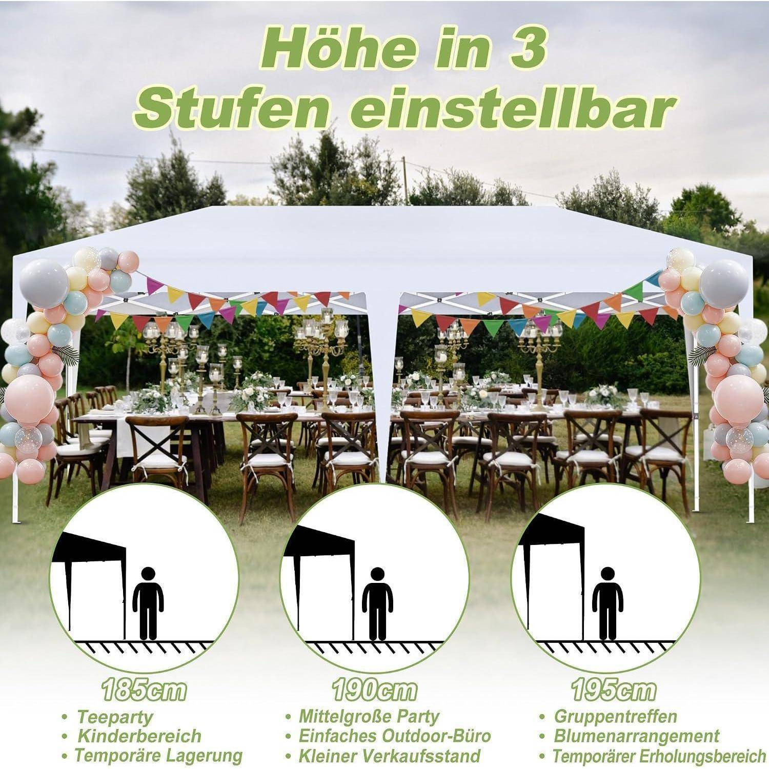 Werbebild eines weißen Partyzelt mit Ballons und Tischen, die drei einstellbare Höheneinstellungen zeigen: 185 cm, 190 cm und 195 cm; deutscher Text besagt „Höhe in 3 Stufen verstellbar