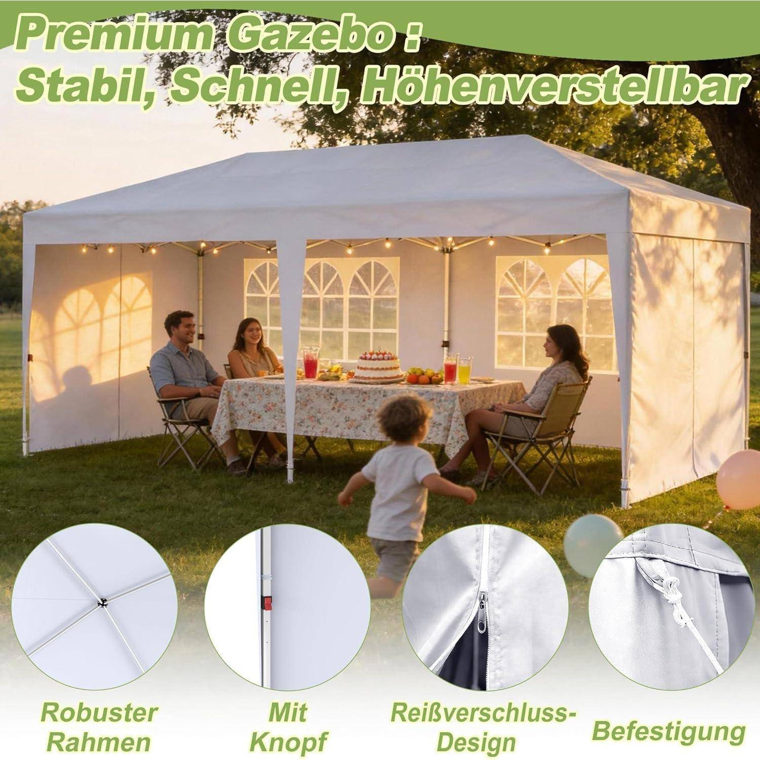 Werbebild einer weißen Gartenlaube bei einer Außenveranstaltung mit Personen, die an einem Tisch sitzen, plus Nahaufnahmen, die das stabile Gestell, Reißverschlüsse und Befestigungsdetails hervorheben.
