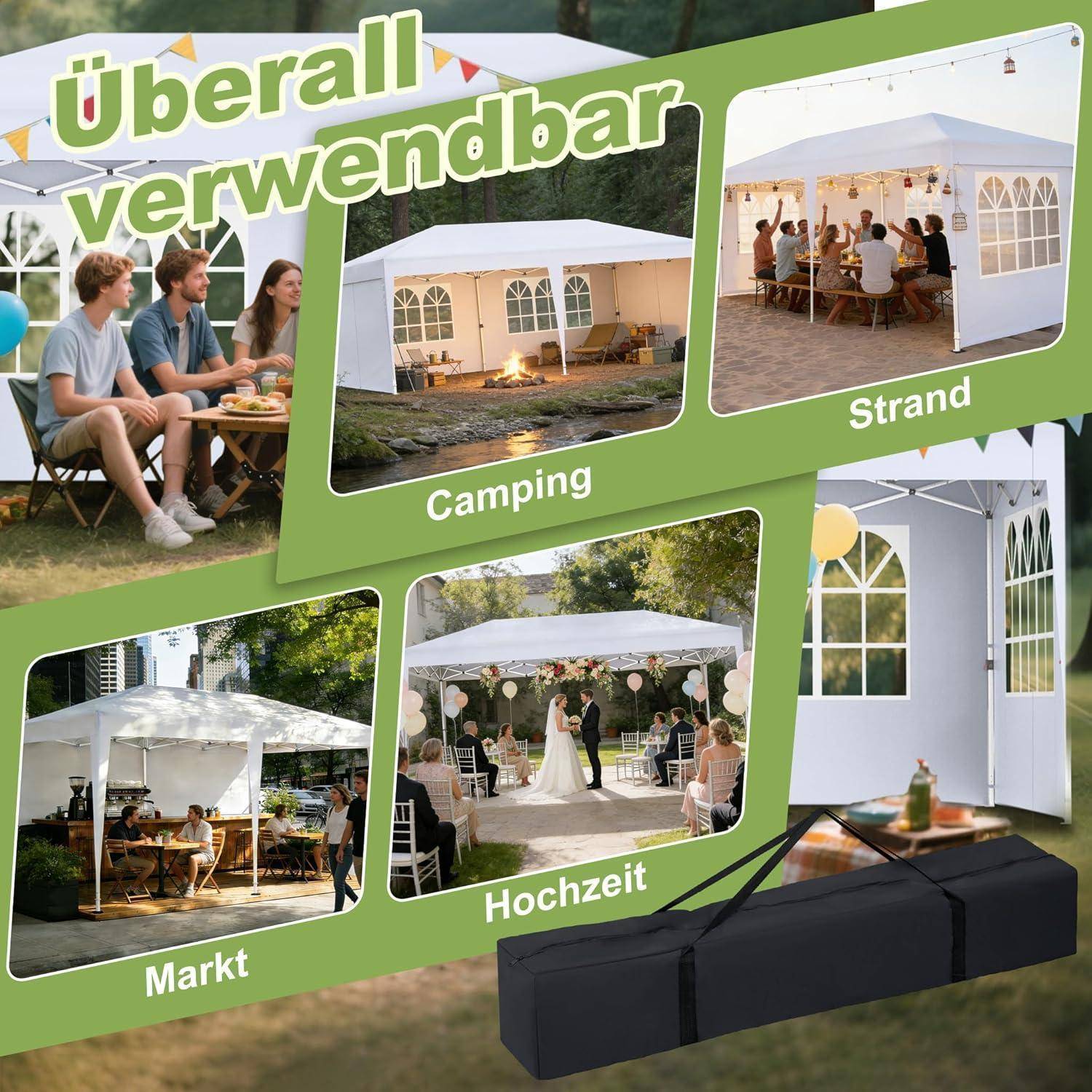 Deutsches Werbeplakat, das ein weißes Pop-up-Veranstaltungszelt für Camping, Strand, Markt und Hochzeit zeigt, mit dem Text „Überall verwendbar