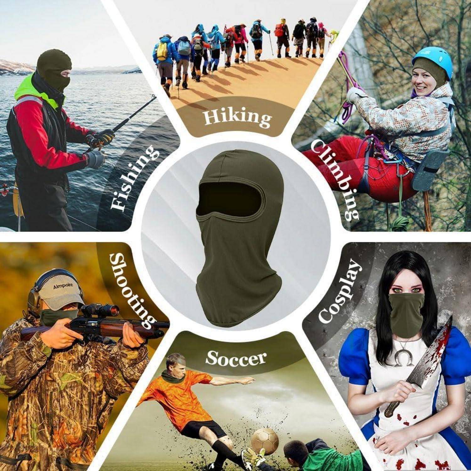 Collage einer grünen Sturmhaube/Gesichtsmaske, die für Outdoor-Aktivitäten gezeigt wird: Angeln, Wandern, Klettern, Schießen, Fußball und Cosplay.