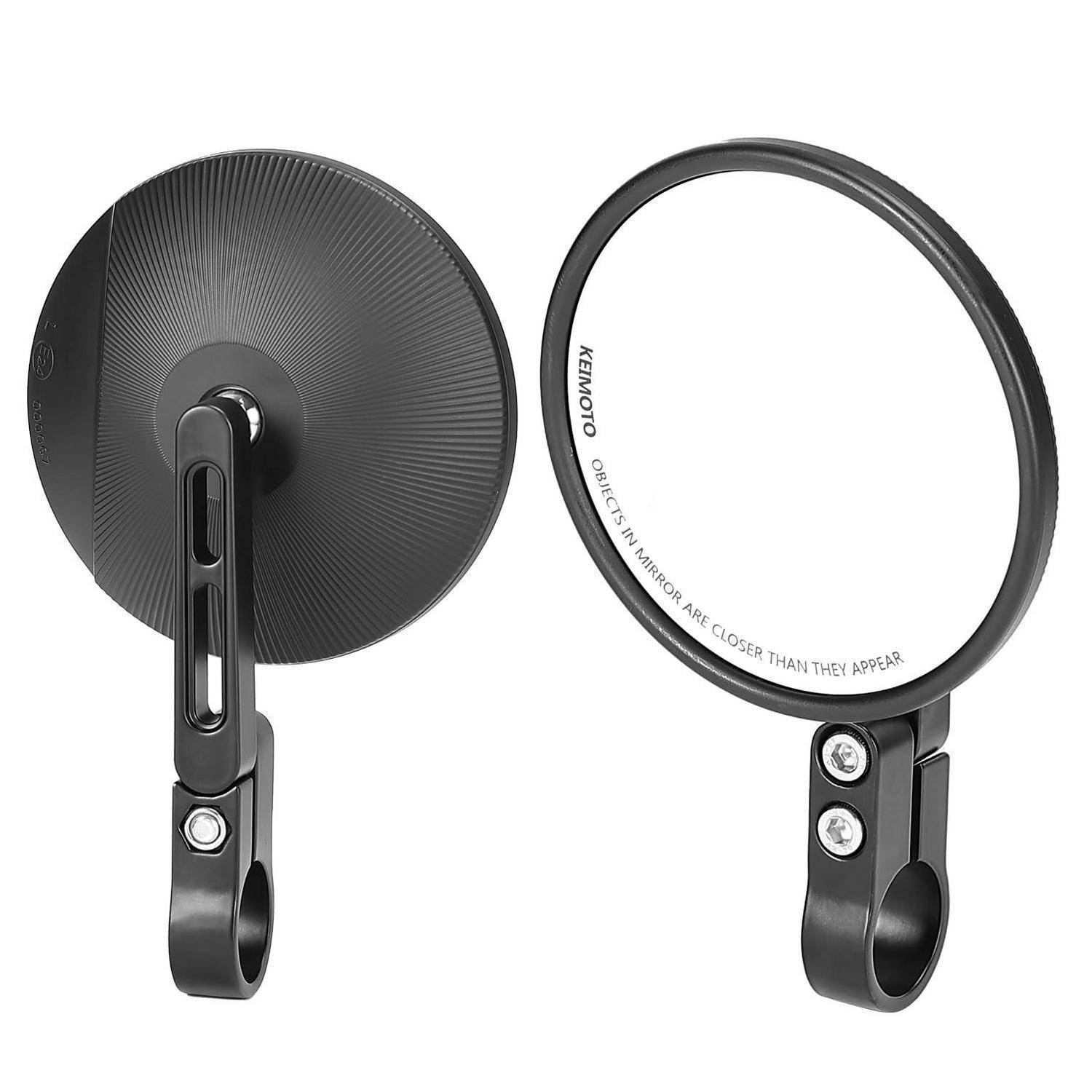 Zwei schwarze Fahrradvorbaumquellspiegel, von vorne und von hinten gezeigt, mit kreisförmigen reflektierenden Oberflächen und verstellbaren Klemmhalterungen.