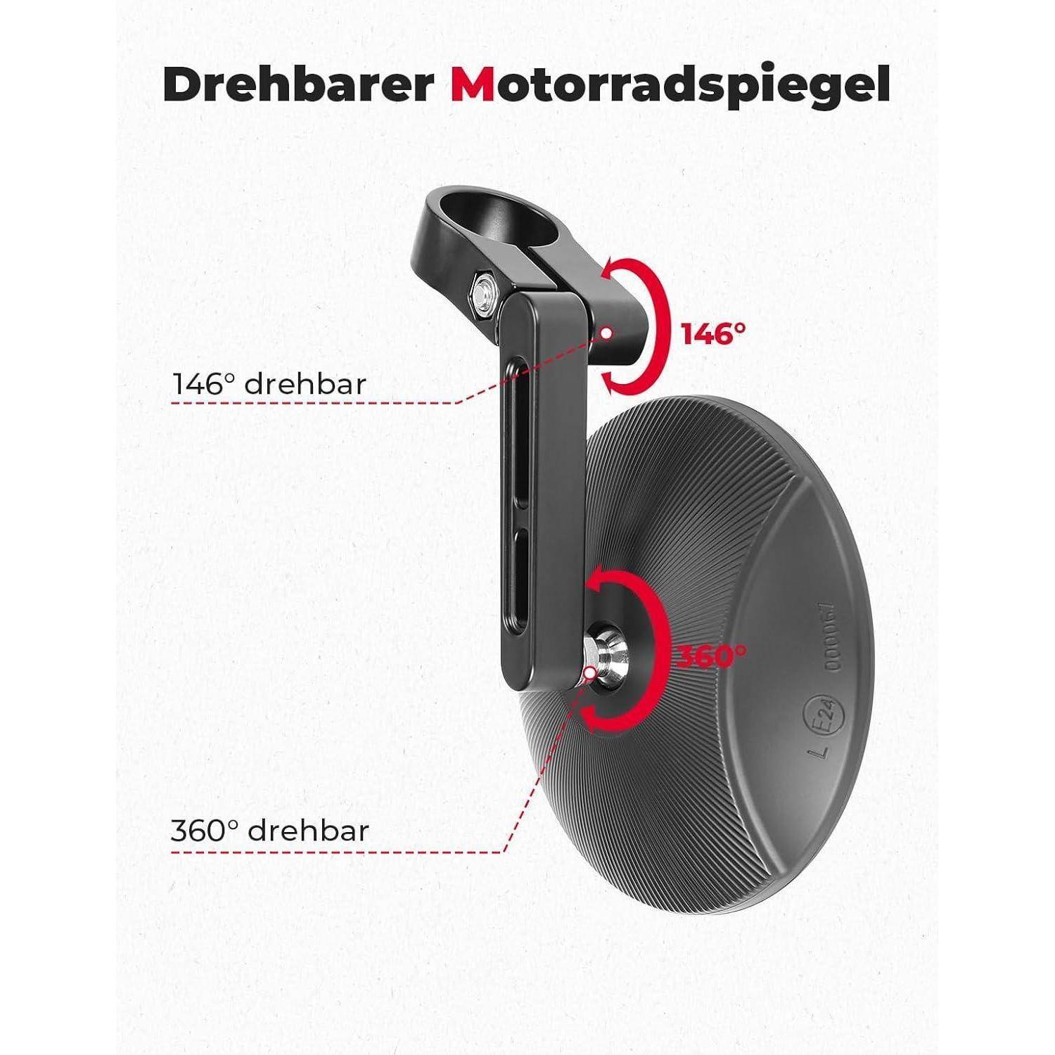 Produktbild eines 'Drehbaren Motorradspiels' mit einem Motorradspiegel, auf dem die Funktionen 146°- und 360°-Drehung gekennzeichnet sind.