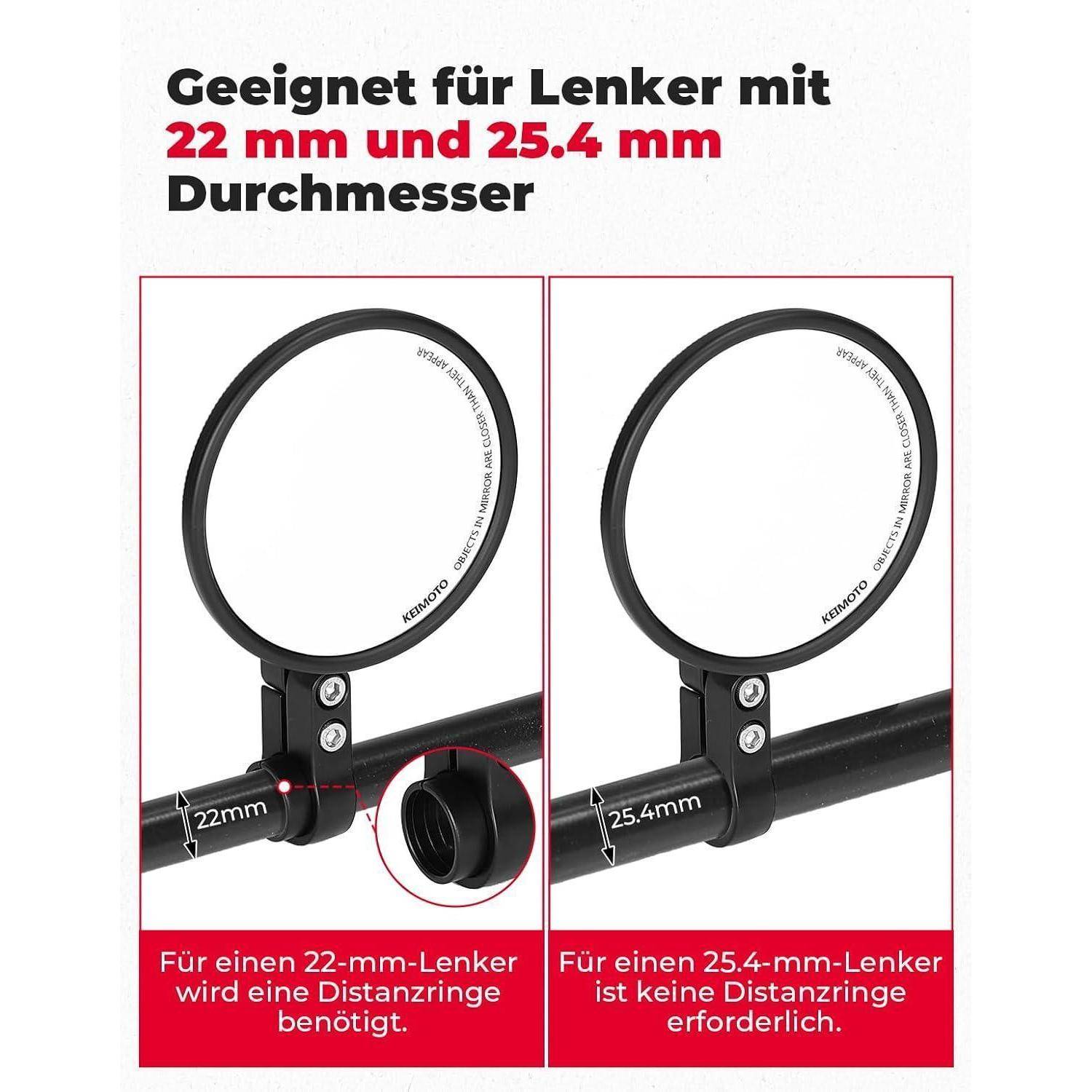 Spiegelringhalterung für Fahrradlenker, Vergleich zwischen 22 mm und 25,4 mm Lenkergrößen und Hinweis, dass ein Distanzring nur für die 22 mm Version erforderlich ist.