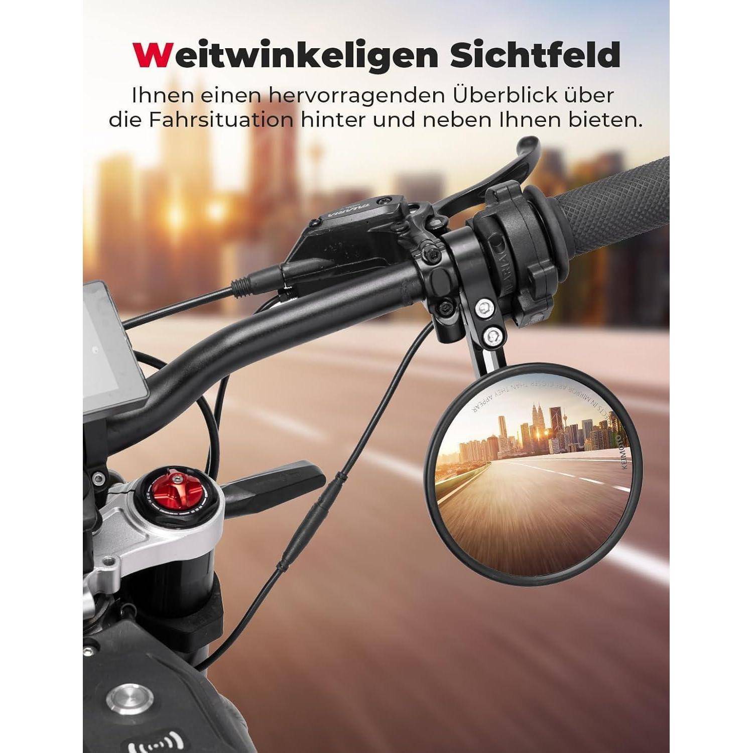 # Fahrraddatenlenker mit rundem Spiegel zeigt die Straße dahinter und eine deutsche Bildunterschrift fördert ein Weitwinkelblickfeld für bessere Hinter- und Seitensichtbarkeit beim Fahren.