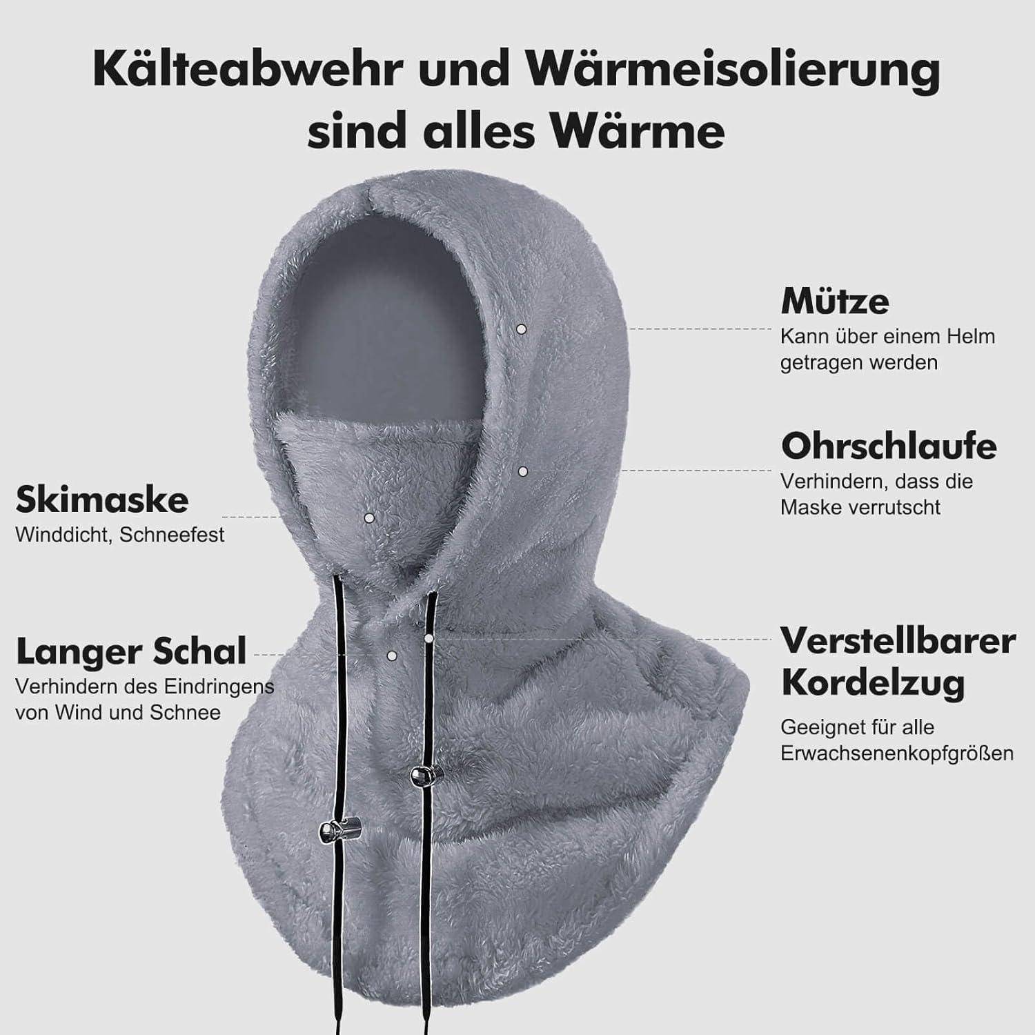 Grauer Wintergesichtsschutz mit gekennzeichneten Merkmalen: Skimaske, langer Schal, Mütze, Ohrschlaufen und verstellbare Zugschnur zum Schutz vor Wind und Schnee.