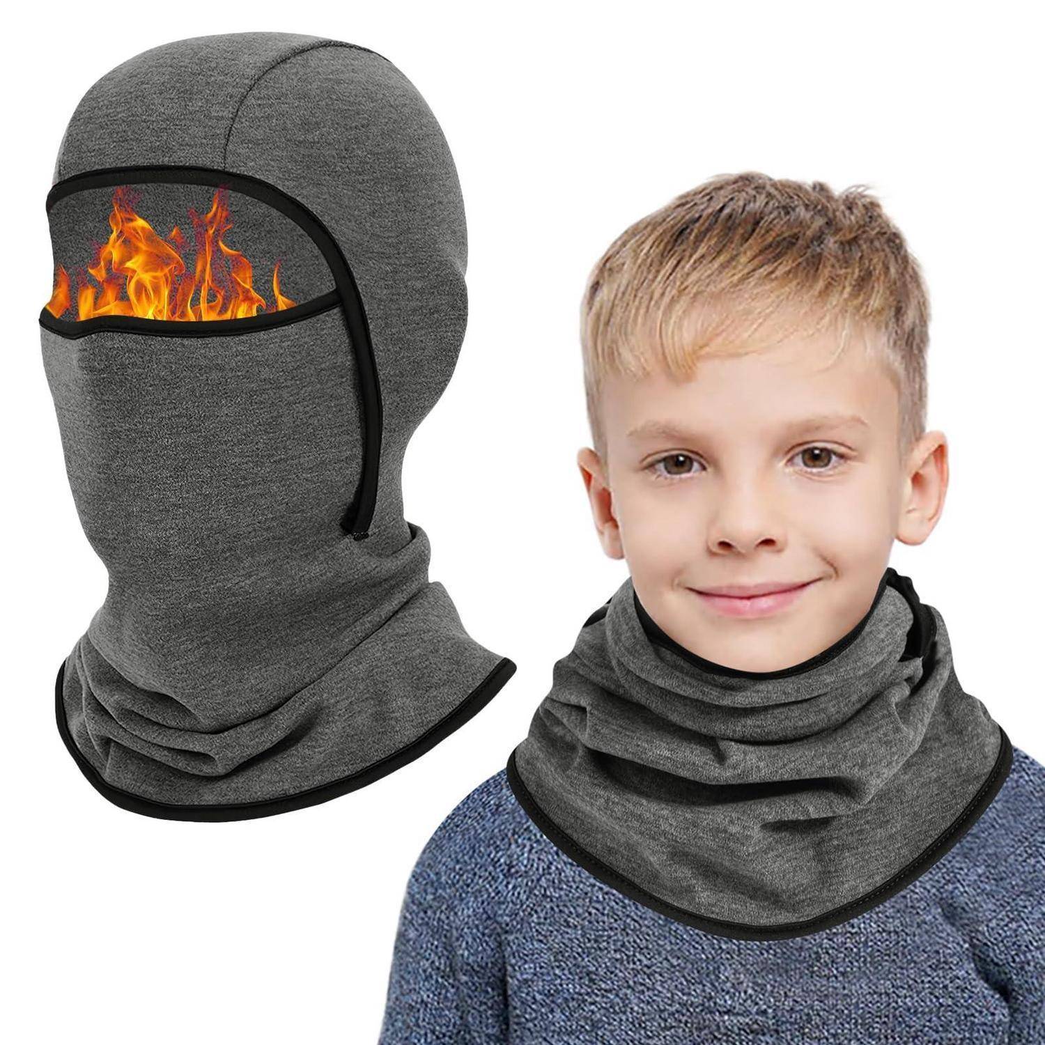 Grauer Winter-Gesichtsschutz Balaclava, der brennend im Augenbereich dargestellt wird, neben einem Jungen, der denselben Halsgaiter-Stil-Kopfbedeckung trägt.