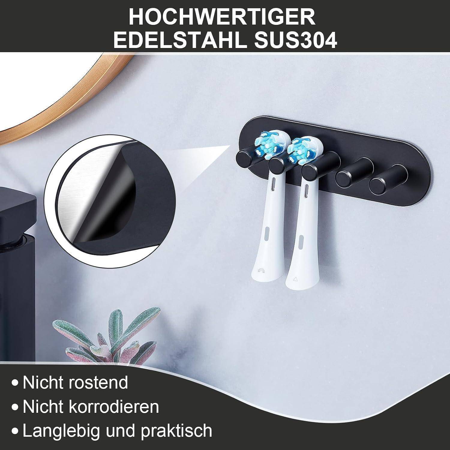 Schwarzer Edelstahlzahnbürstenhalter zur Wandmontage mit vier Schlitzen und zwei Zahnbürsten, gekennzeichnet auf Deutsch als „Hochwertiger Edelstahl SUS304