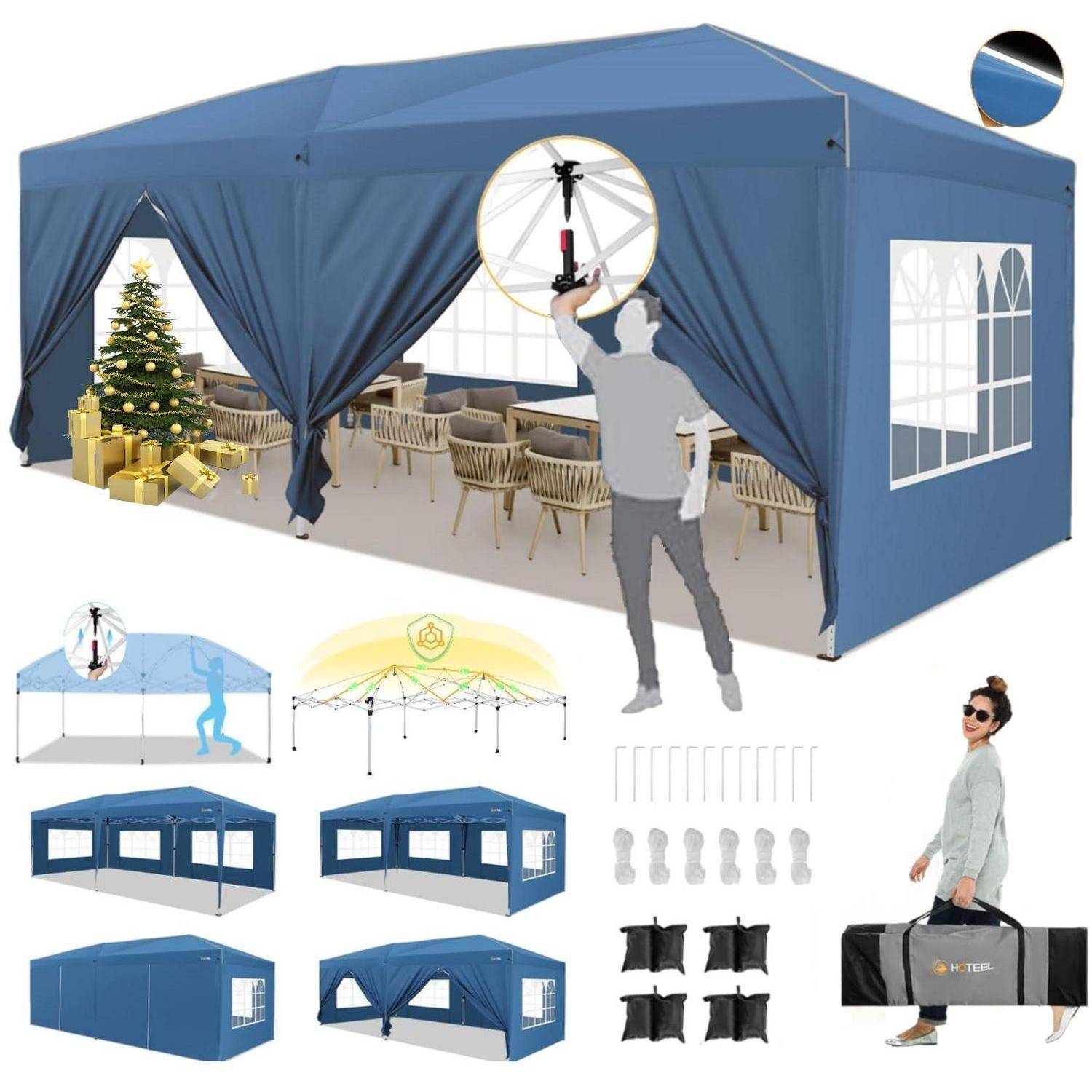 Blauweißes Pop-up-Ereigniszelt mit Seitenwänden, Fenstern und Innenbestuhlung; Einsatzbilder zeigen Aufbau, Rahmendetails, eingeklappte Formen, Heringe und Tragetasche.