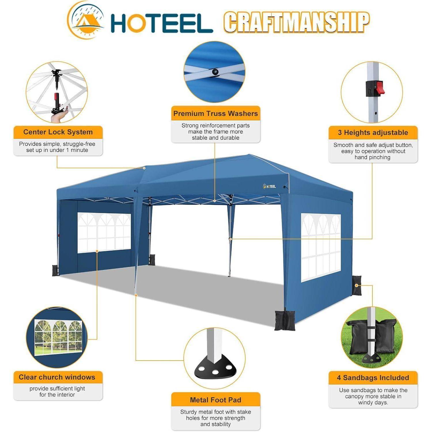 Produkt-Infografik eines blauen Hoteel-Handwerkszelt-Baldachins, der das Mittelsperrsystem, hochwertige Fachwerk-Unterlegscheiben, verstellbare Höhe, Kirchenfenster, Metallfußplatten und mitgelieferte Sandsäcke hervorhebt.