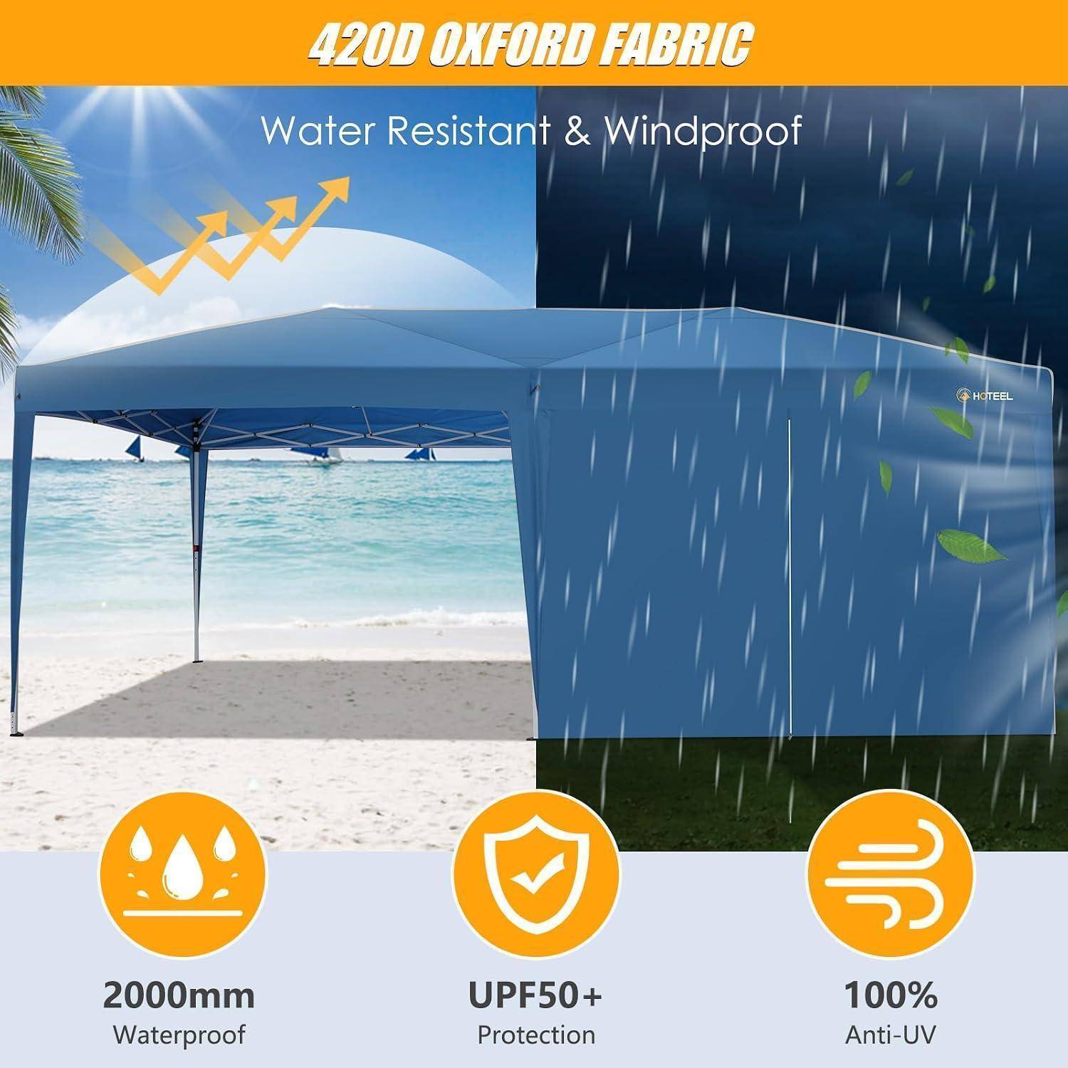 Werbegrafik eines blauen Baldachins mit der Bezeichnung „420D OXFORD FABRIC" und „Wasser- und windfest"", mit Symbolen für 2000 mm Wasserdichtheit, UPF50+-Schutz und 100% UV-Schutz.