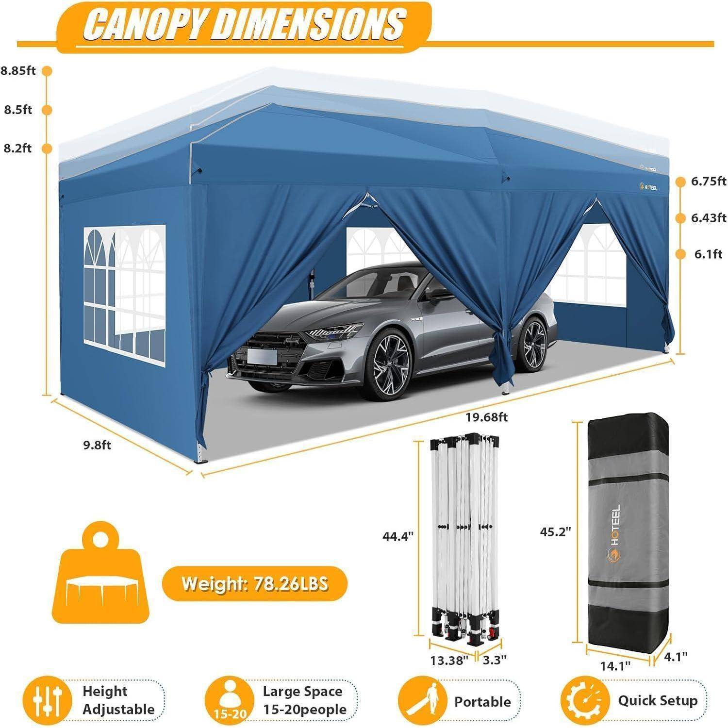 Infografik eines blauen Autodachzelts mit Abmessungen, die eine Basis von 19,68 ft × 9,8 ft, eine Höhe von 8,85 ft am Gipfel, eine Seitenhöhe von 6,75 ft, ein Gewicht von 78,26 lb sowie tragbar, verstellbar und schnell aufzubauen zeigt.