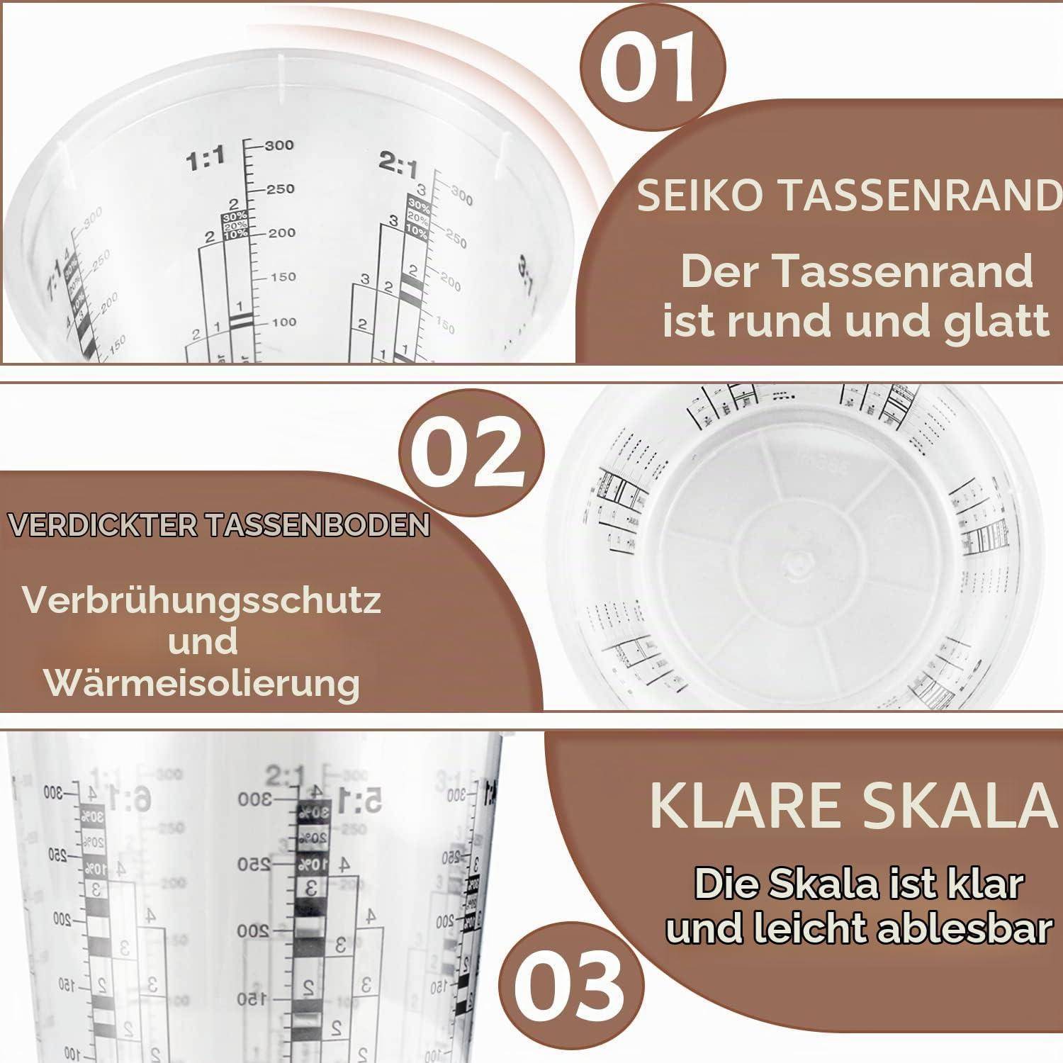 Infografik auf Deutsch mit drei Tassen-Merkmalen: 01 Seiko-Rand mit rundem, glattem Rand; 02 verdickter Tassenboden für Brühschutz und Wärmeisolierung; 03 klare, leicht lesbare Skala.