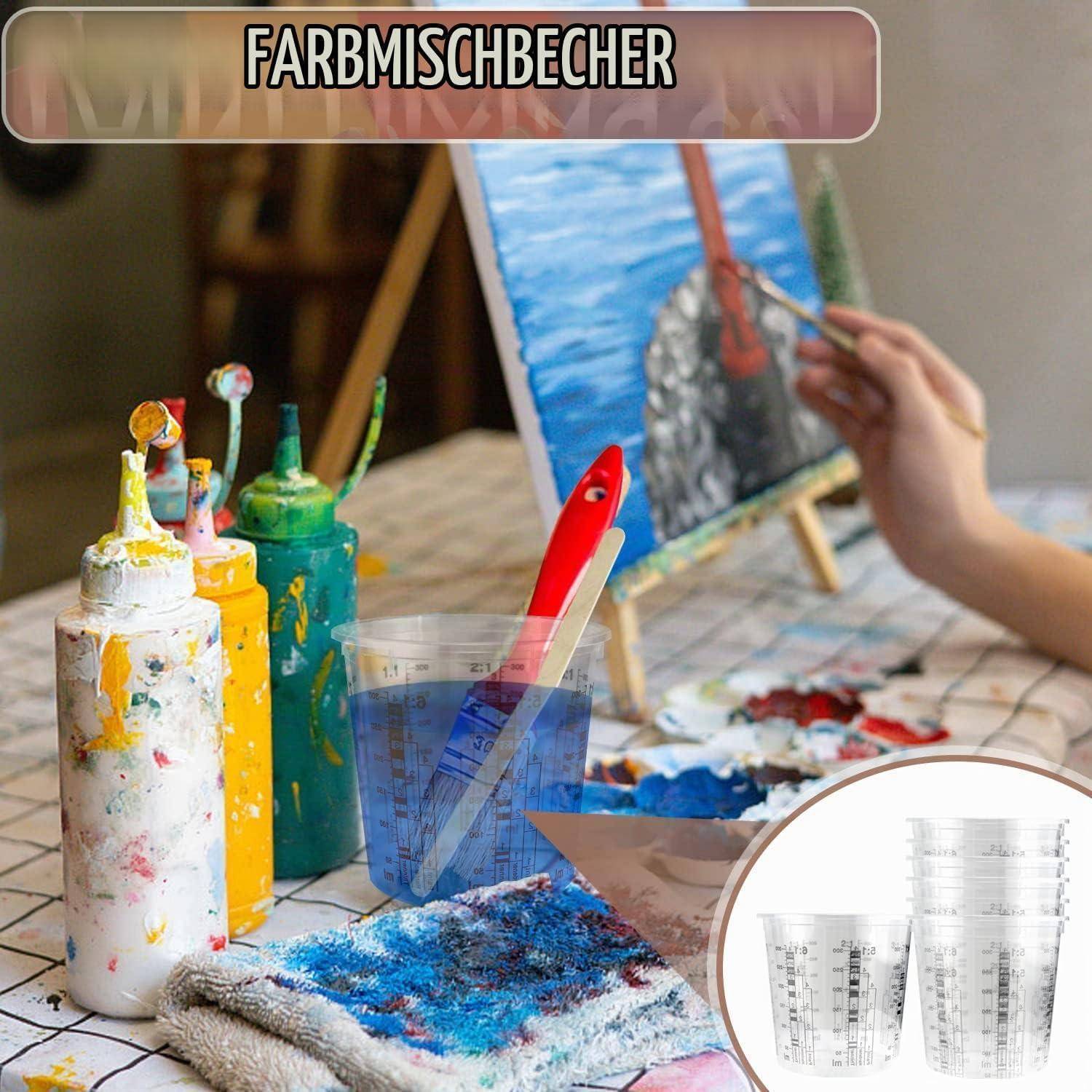 Farbmischbecher-Kunstset mit Farbflaschen, Messbechern, Spachtel und einer Hand, die auf Leinwand malt; Text liest 
